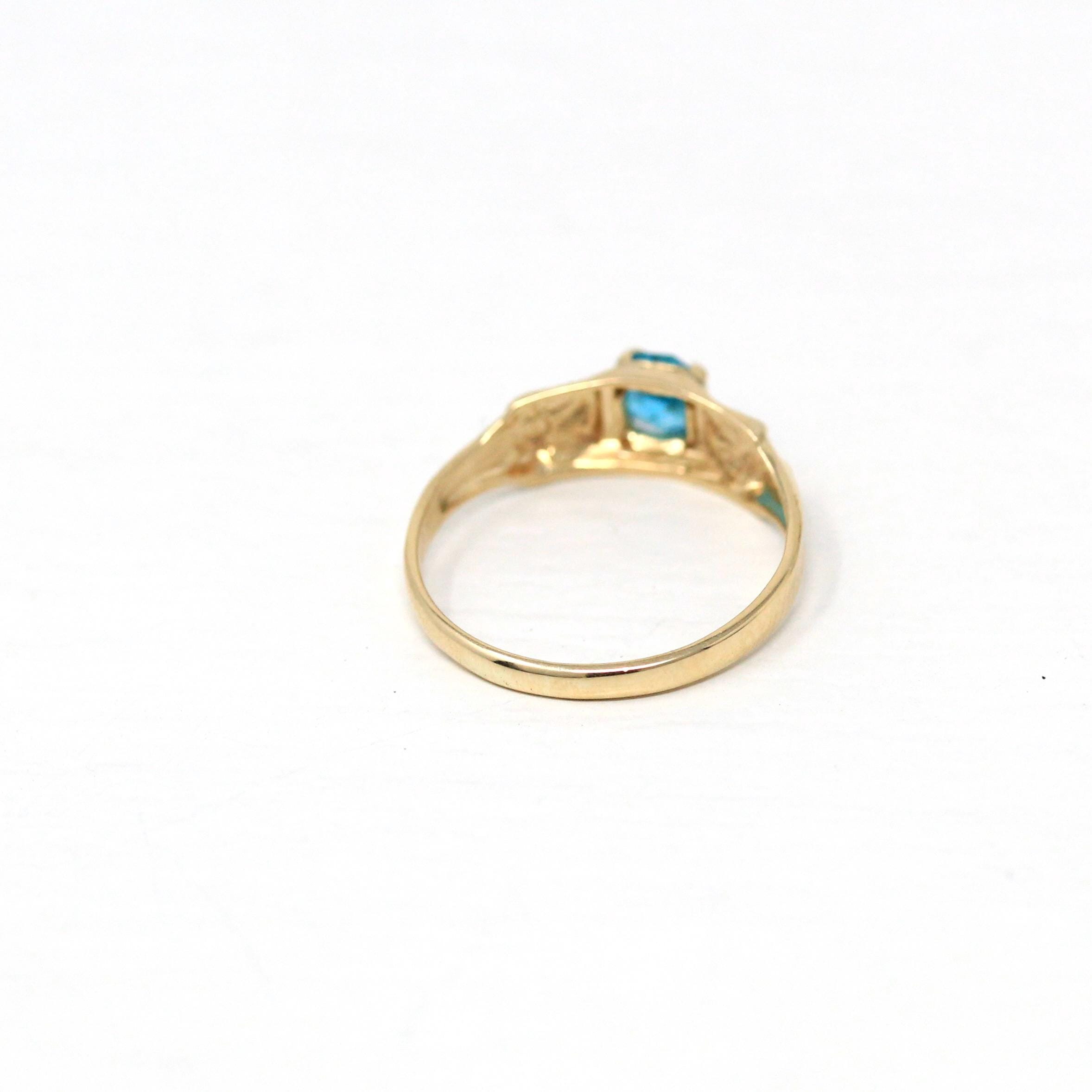 Simulated Aquamarine Ring - Retro 10k Yellow Gold Blue Round Glass Stone - Vintage 1940s Size 2 3/4 Children's Pinky Midi March Fine Jewelry