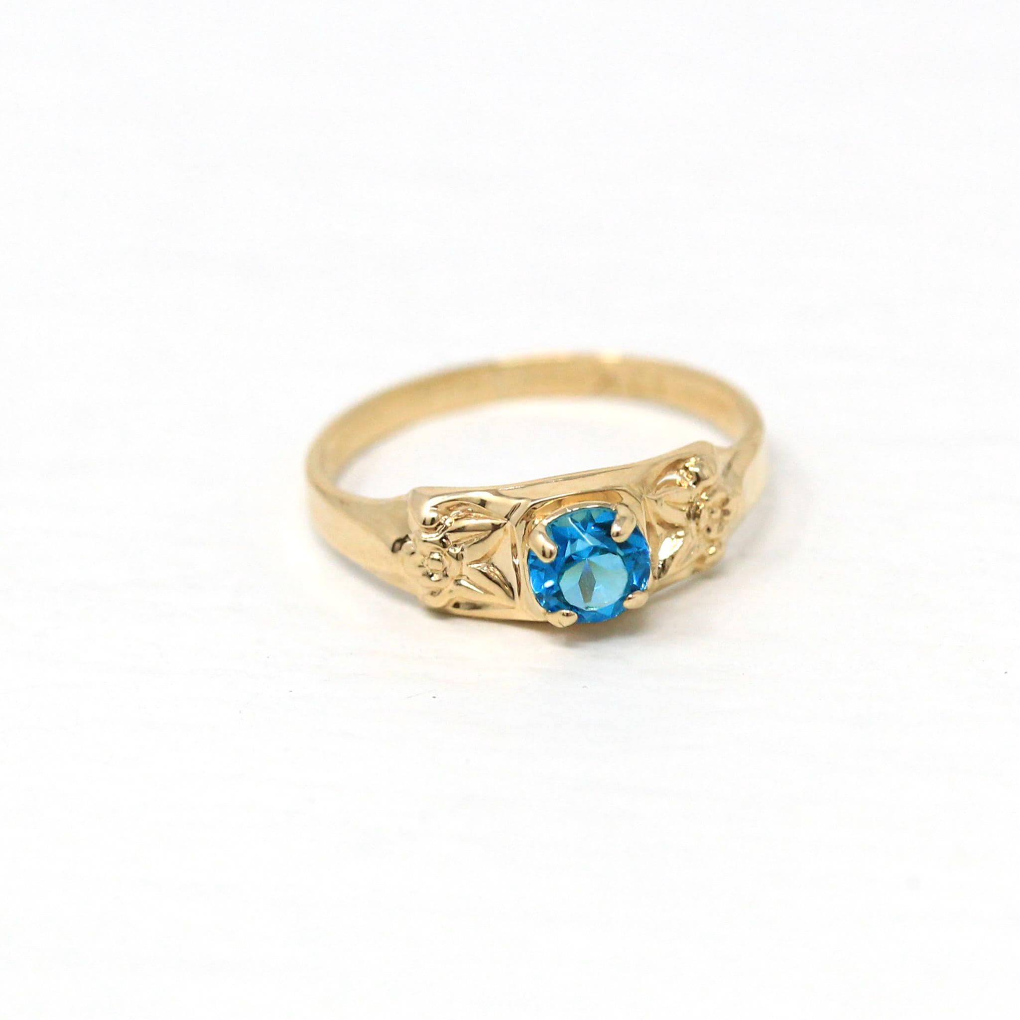 Simulated Aquamarine Ring - Retro 10k Yellow Gold Blue Round Glass Stone - Vintage 1940s Size 2 3/4 Children's Pinky Midi March Fine Jewelry