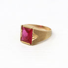 Created Ruby Ring - Retro 10k Yellow Gold Rectangular Faceted Stone - Vintage Circa 1960s Size 7 New Old Stock Unisex Statement 60s Jewelry