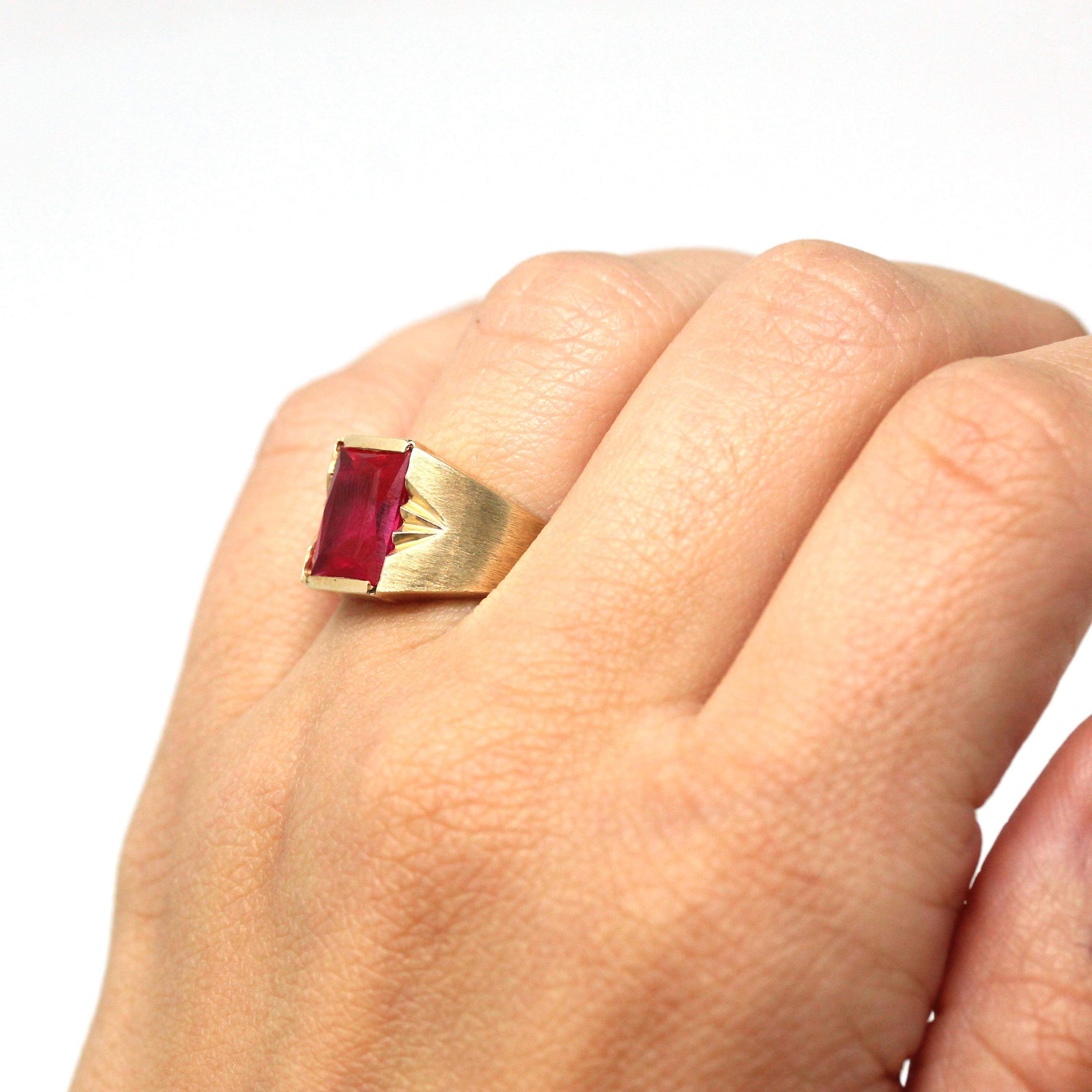 Created Ruby Ring - Retro 10k Yellow Gold Rectangular Faceted Stone - Vintage Circa 1960s Size 7 New Old Stock Unisex Statement 60s Jewelry