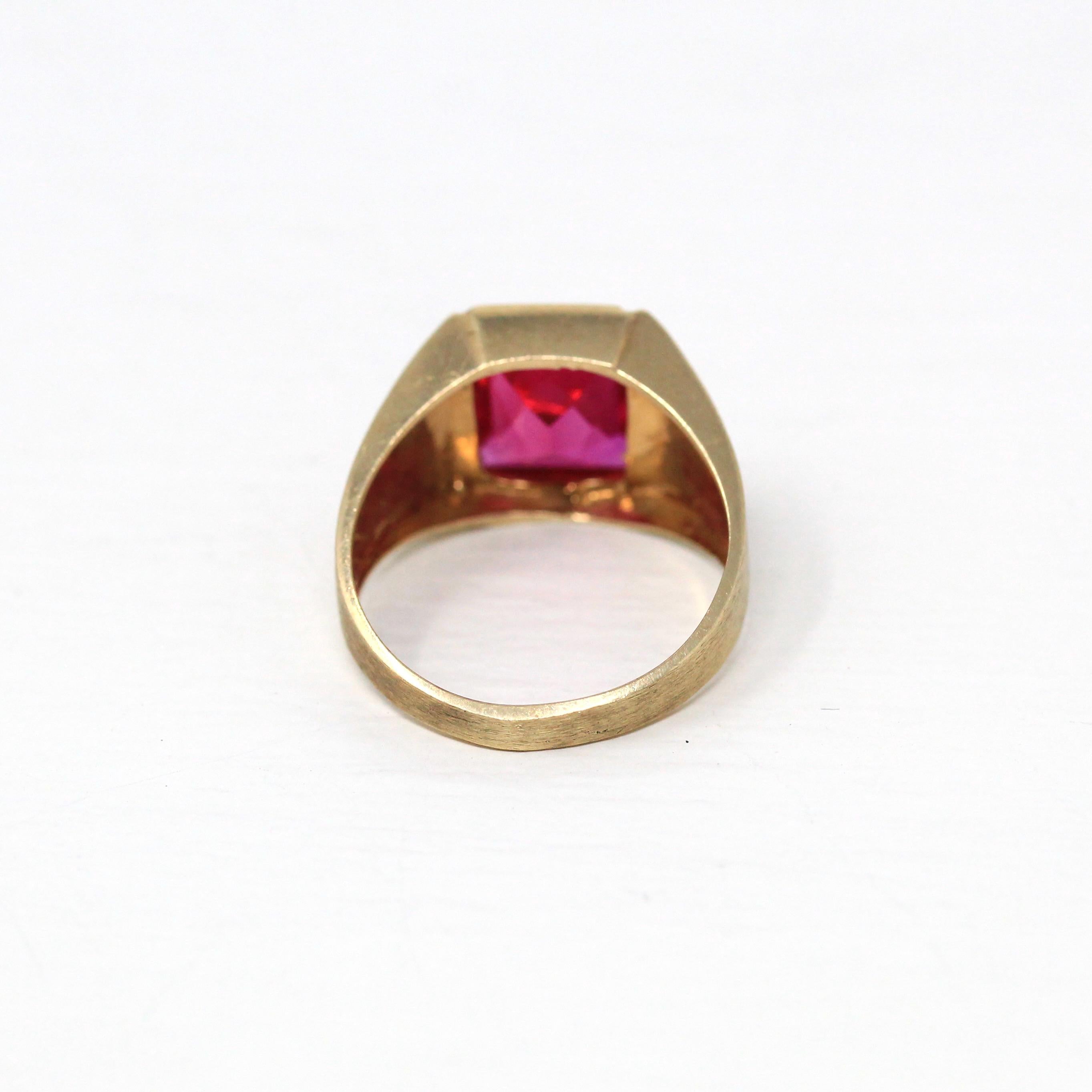 Created Ruby Ring - Retro 10k Yellow Gold Rectangular Faceted Stone - Vintage Circa 1960s Size 7 New Old Stock Unisex Statement 60s Jewelry