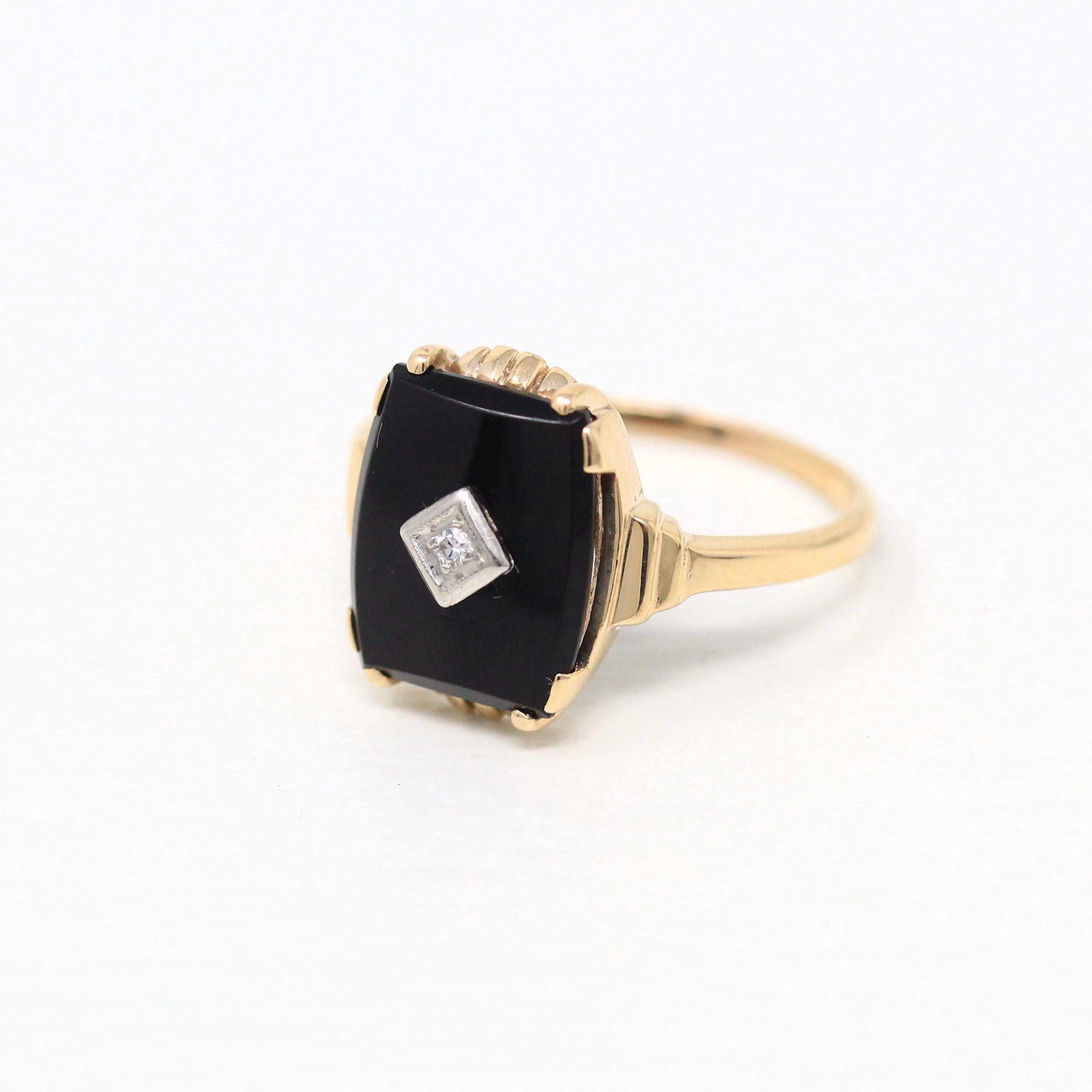 Genuine Onyx Ring - Retro 10k Yellow Gold Black Fancy Cut Gemstone - Vintage Circa 1960s Era Size 8 1/2 Diamond Statement Fine B&F Jewelry