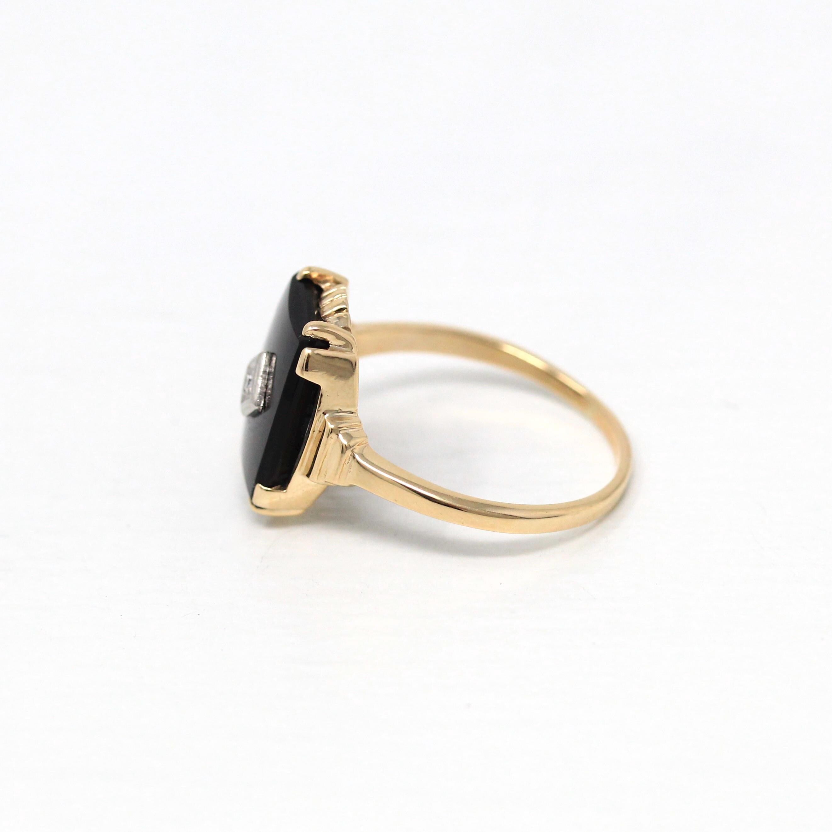 Genuine Onyx Ring - Retro 10k Yellow Gold Black Fancy Cut Gemstone - Vintage Circa 1960s Era Size 8 1/2 Diamond Statement Fine B&F Jewelry