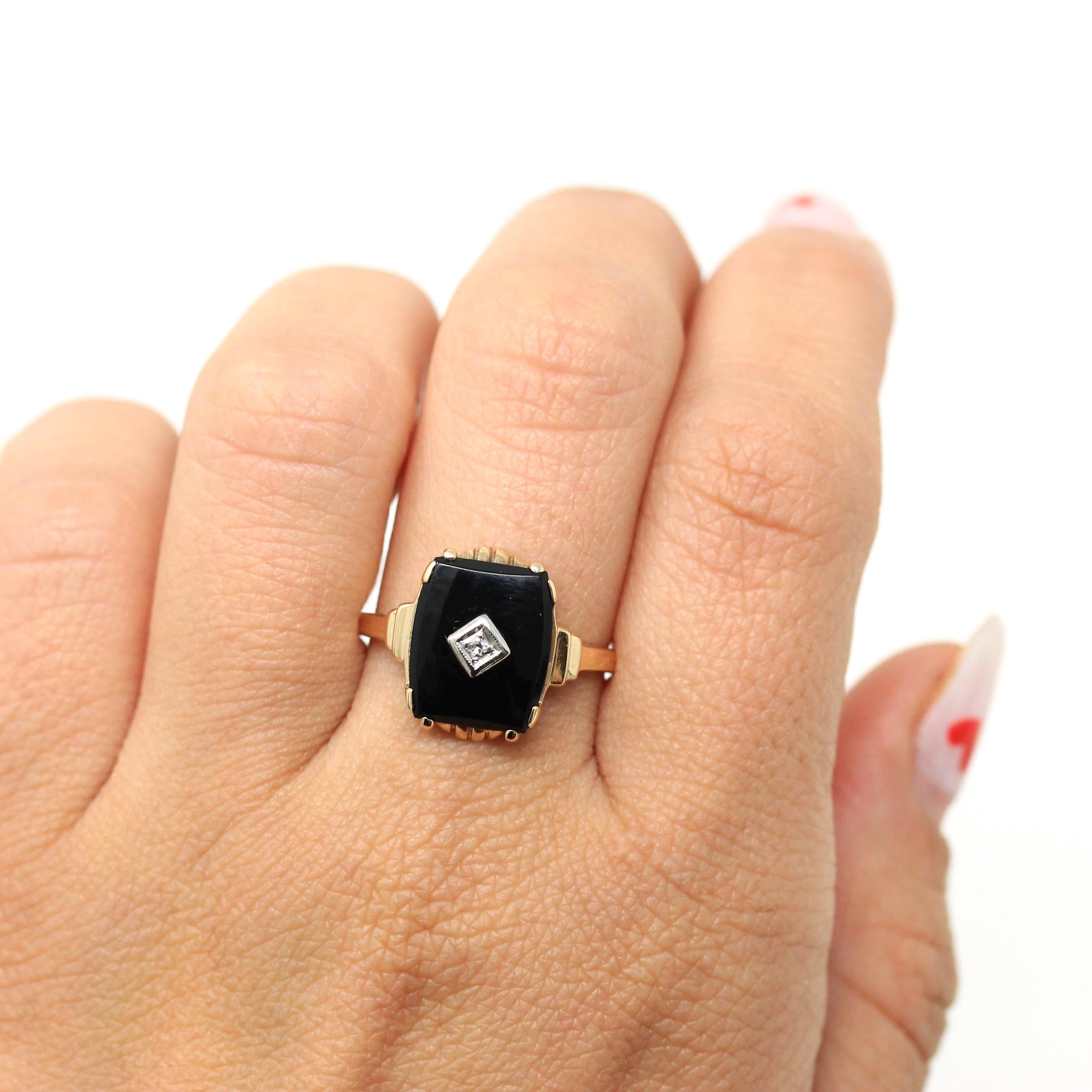 Genuine Onyx Ring - Retro 10k Yellow Gold Black Fancy Cut Gemstone - Vintage Circa 1960s Era Size 8 1/2 Diamond Statement Fine B&F Jewelry