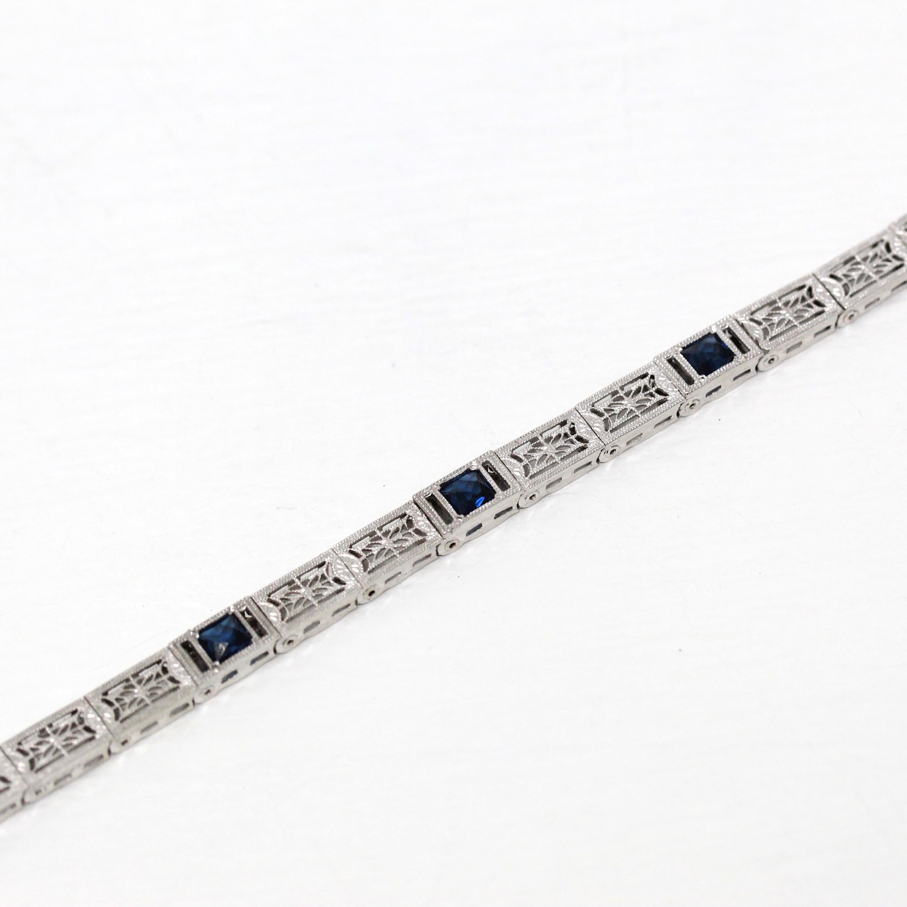 Art Deco Bracelet - Vintage 14k White Gold & Simulated Sapphire Filigree Panel Links - Antique Circa 1930s Blue Stone September Fine Jewelry