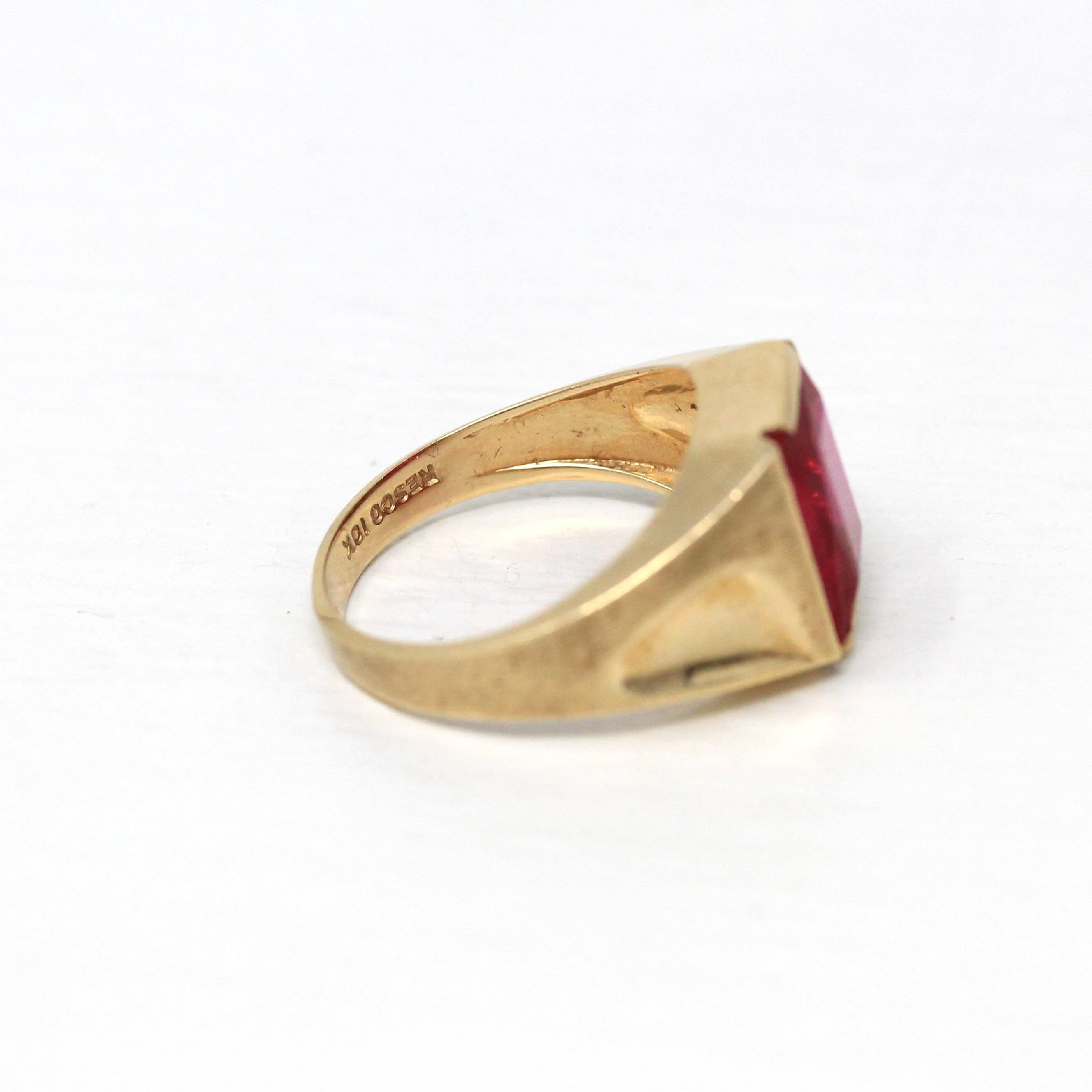 Created Ruby Ring - Retro 10k Yellow Gold Rectangular Faceted Stone - Vintage Circa 1960s Size 6 1/2 New Old Stock Unisex Statement Jewelry