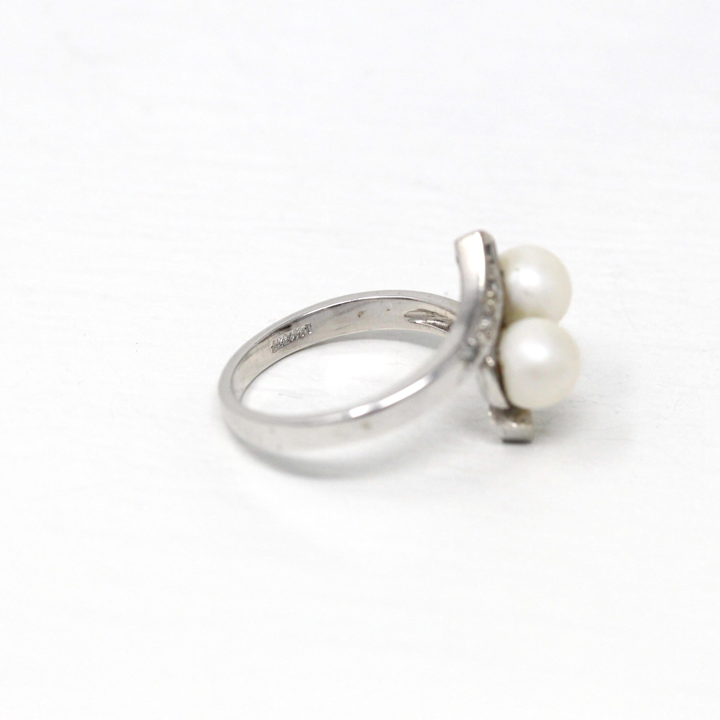 Cultured Pearl Bypass Ring - Mid Century 14k White Gold Toi Et Moi Style - Vintage Circa 1950s Era Size 5 3/4 June Birthstone Fine Jewelry