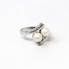 Cultured Pearl Bypass Ring - Mid Century 14k White Gold Toi Et Moi Style - Vintage Circa 1950s Era Size 5 3/4 June Birthstone Fine Jewelry