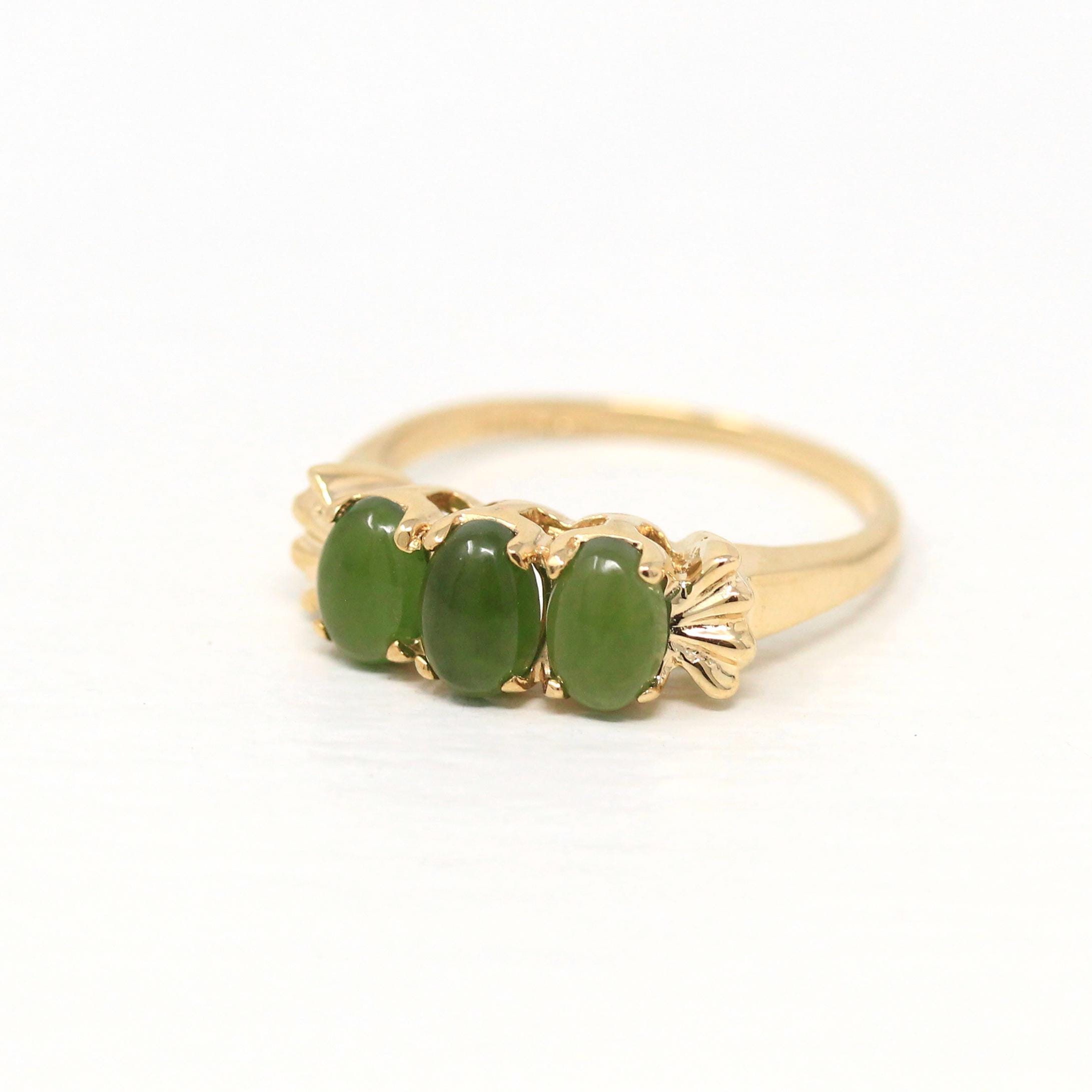 Nephrite Jade Band - Retro 10k Yellow Gold Genuine Green Gemstone Ring - Vintage Circa 1970s Era Size 6 1/4 StatementThree Gem 70s Jewelry