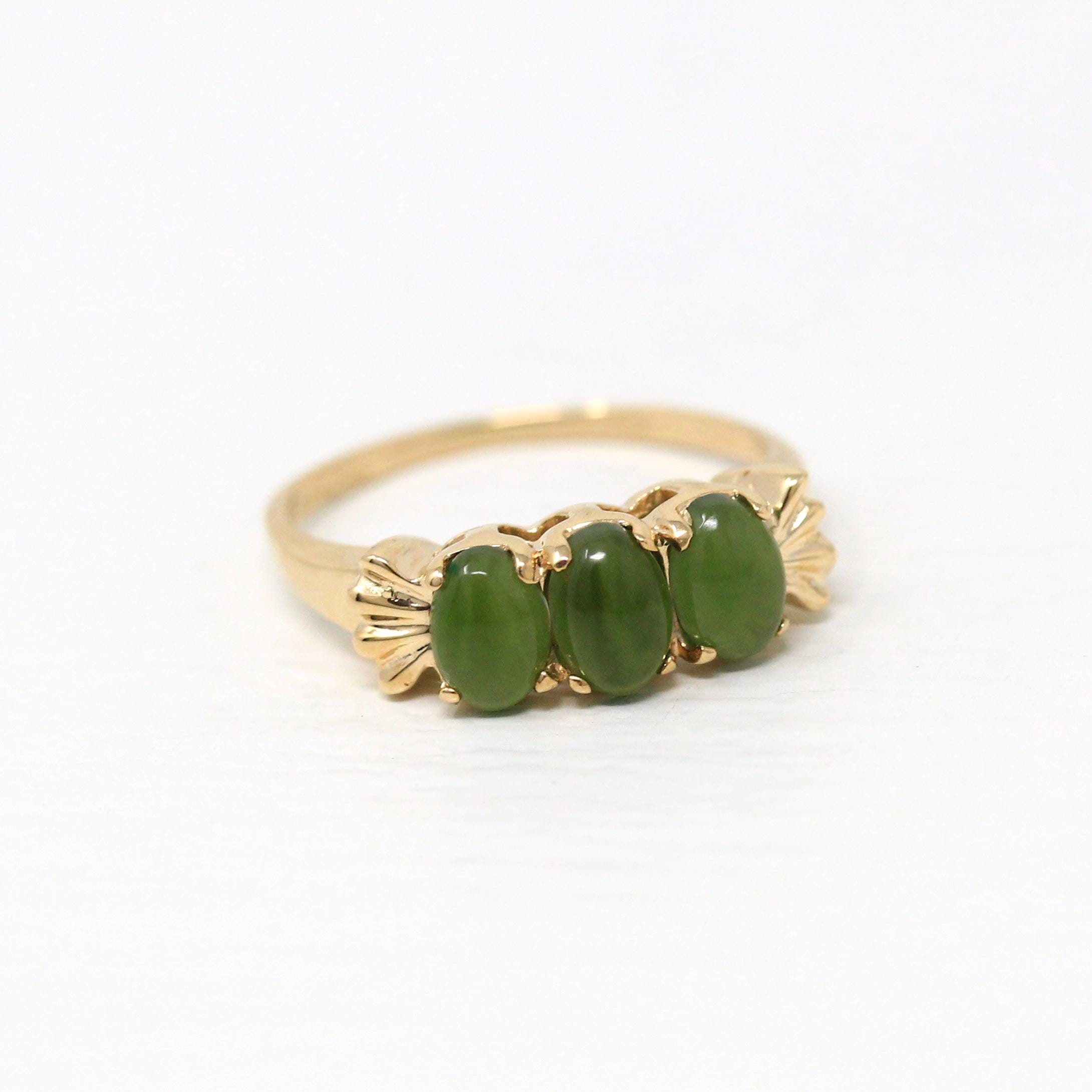 Nephrite Jade Band - Retro 10k Yellow Gold Genuine Green Gemstone Ring - Vintage Circa 1970s Era Size 6 1/4 StatementThree Gem 70s Jewelry