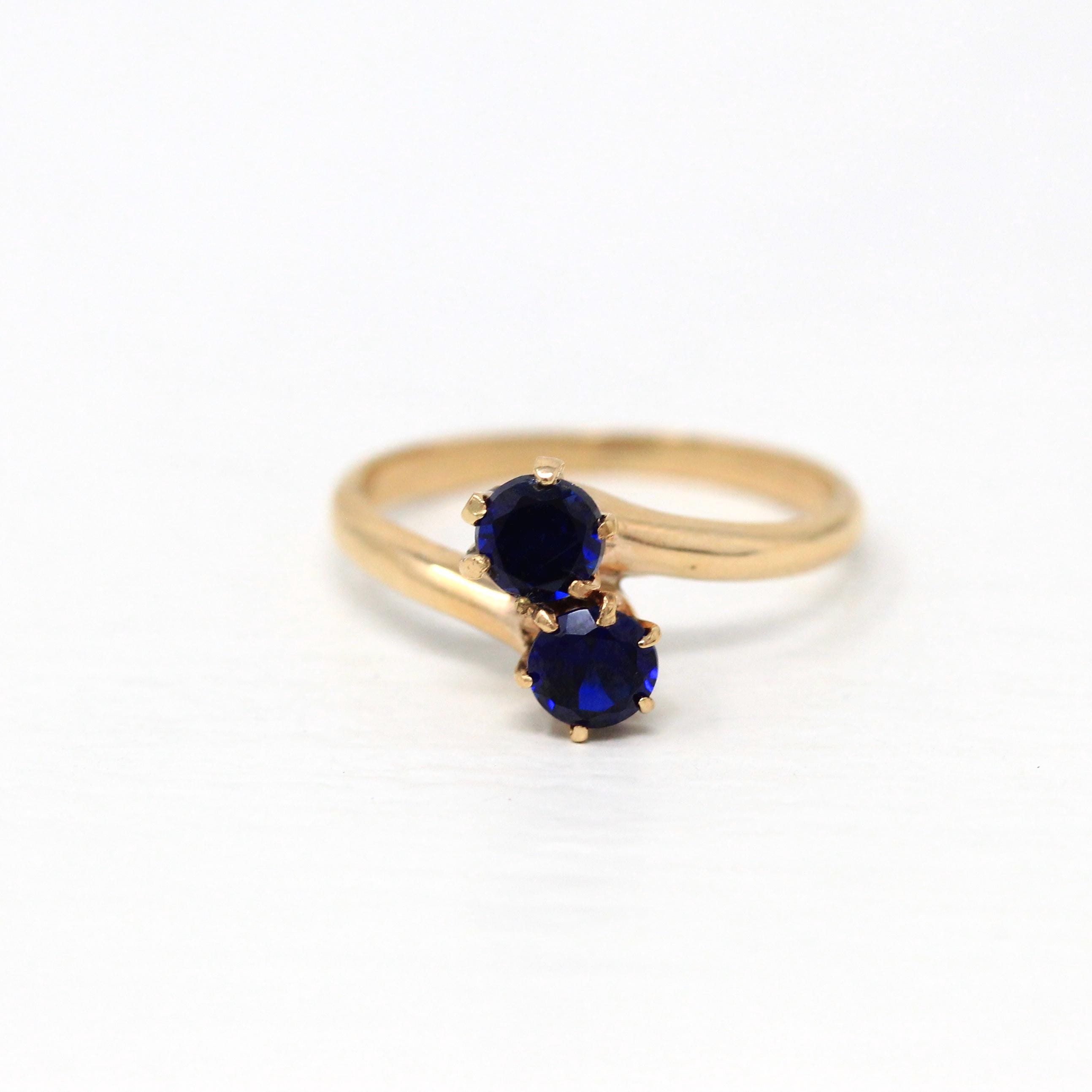 Created Sapphire Ring - Retro 14k Round Faceted Dark Blue Stones Bypass - Vintage Circa 1940s Era Size 6 1/4 Toi Et Moi Style Fine Jewelry