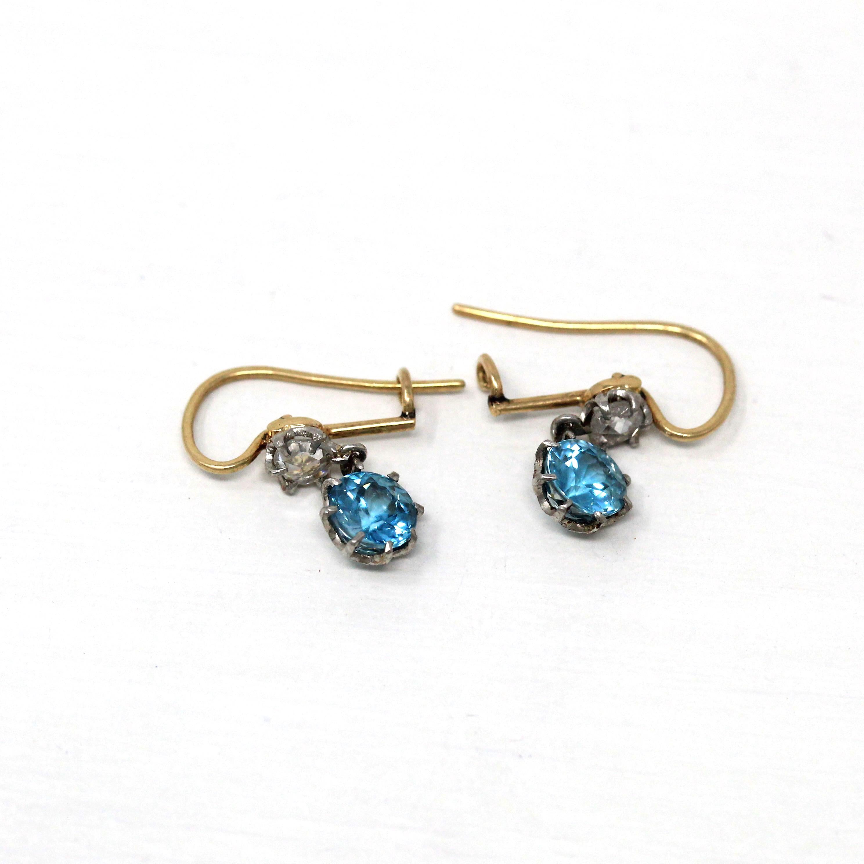 Blue Zircon + Diamond Earrings - Edwardian 14k Yellow Gold & Platinum Dangle Drop Wire Closure - Antique Circa 1910s Two Stone Fine Jewelry