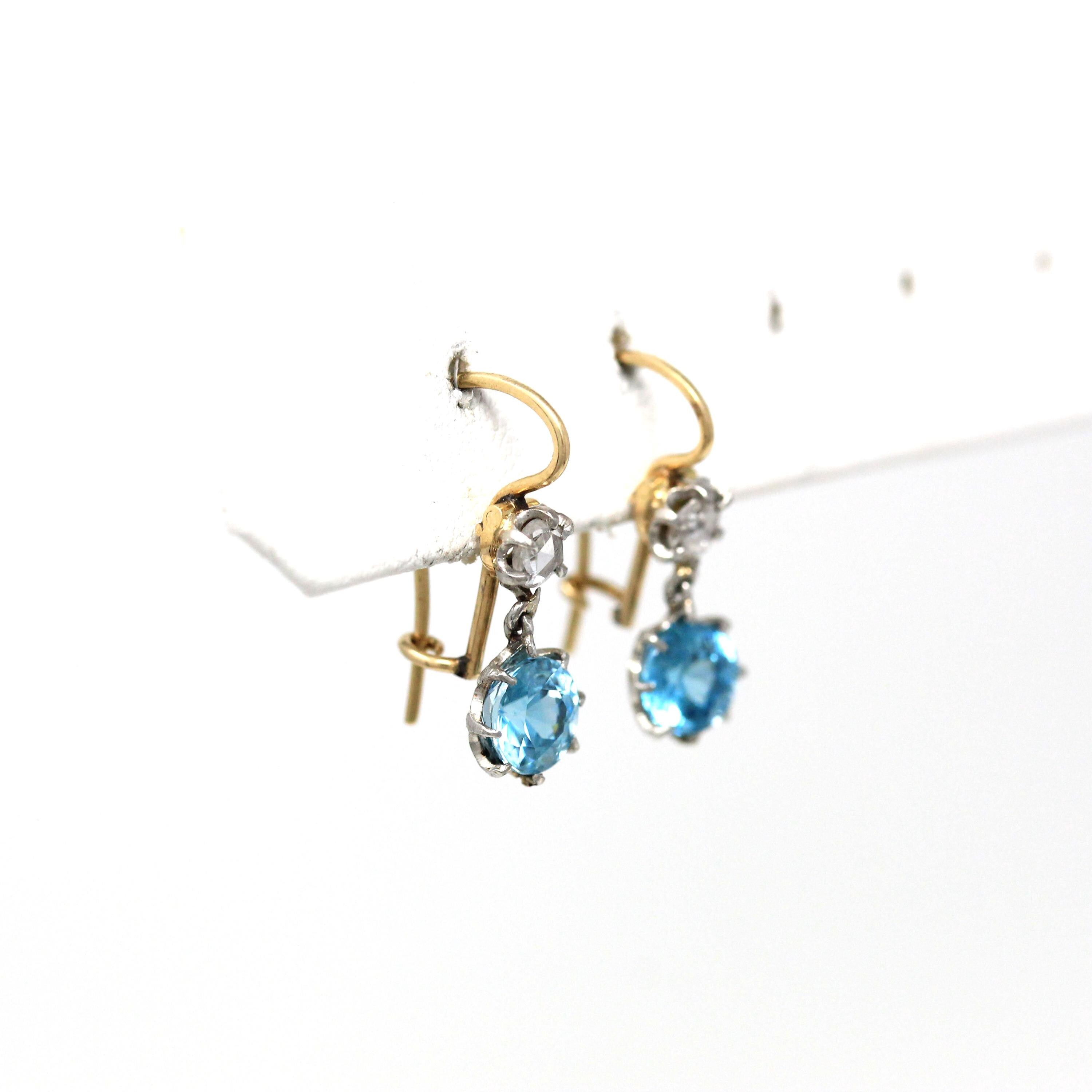 Blue Zircon + Diamond Earrings - Edwardian 14k Yellow Gold & Platinum Dangle Drop Wire Closure - Antique Circa 1910s Two Stone Fine Jewelry