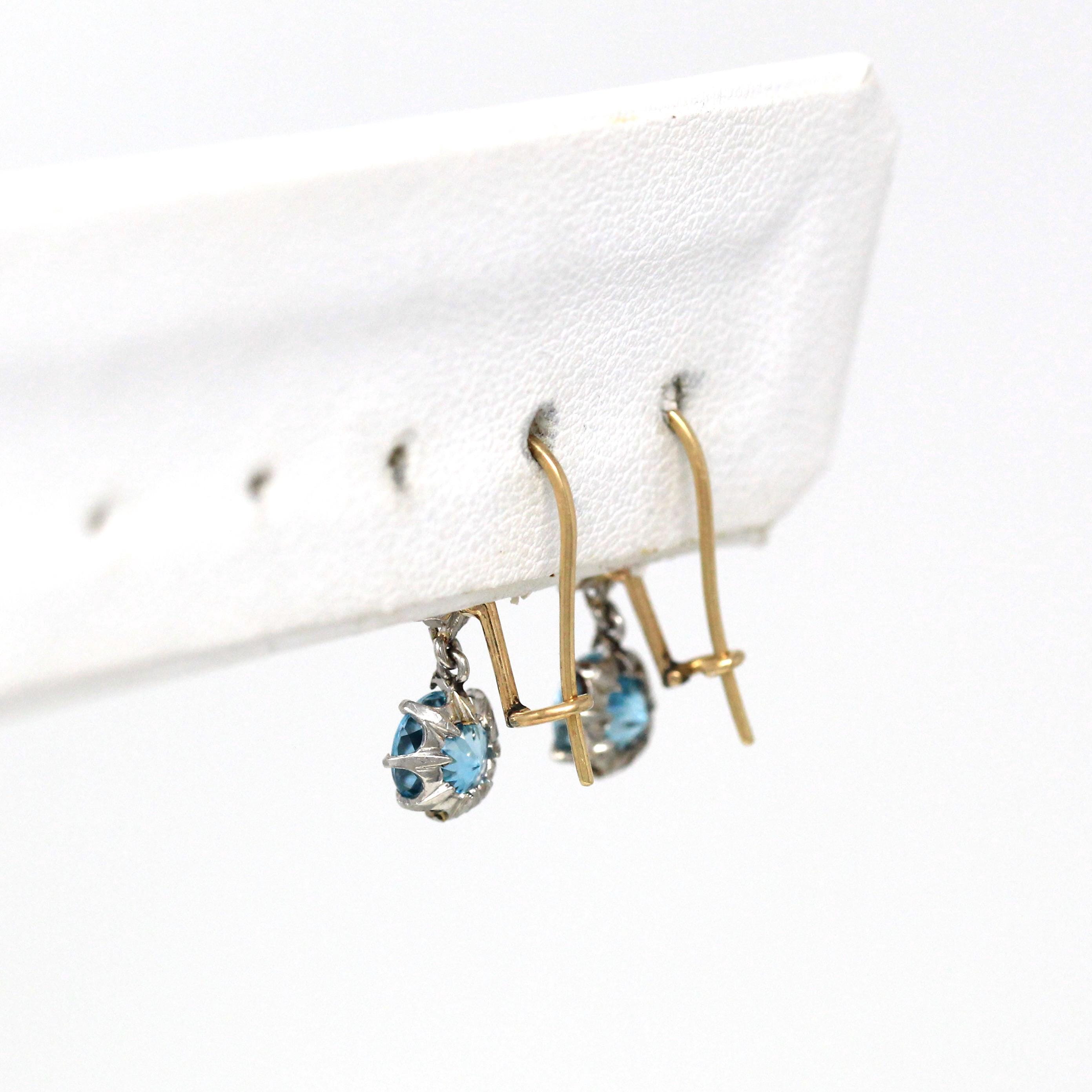 Blue Zircon + Diamond Earrings - Edwardian 14k Yellow Gold & Platinum Dangle Drop Wire Closure - Antique Circa 1910s Two Stone Fine Jewelry