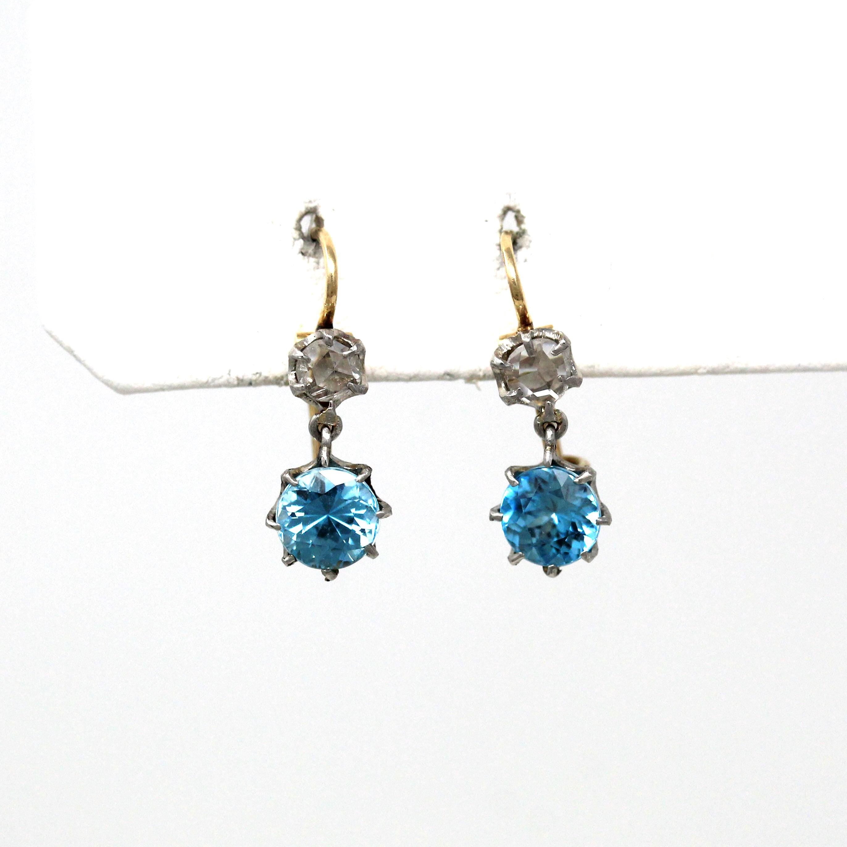 Blue Zircon + Diamond Earrings - Edwardian 14k Yellow Gold & Platinum Dangle Drop Wire Closure - Antique Circa 1910s Two Stone Fine Jewelry