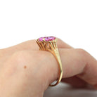 Created Pink Sapphire Ring - Estate 10k Yellow Gold Faceted Pear Cut Statement Style Stone - Modern Circa 2000's Era Size 9 Fine Y2K Jewelry