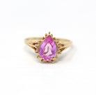 Created Pink Sapphire Ring - Estate 10k Yellow Gold Faceted Pear Cut Statement Style Stone - Modern Circa 2000's Era Size 9 Fine Y2K Jewelry