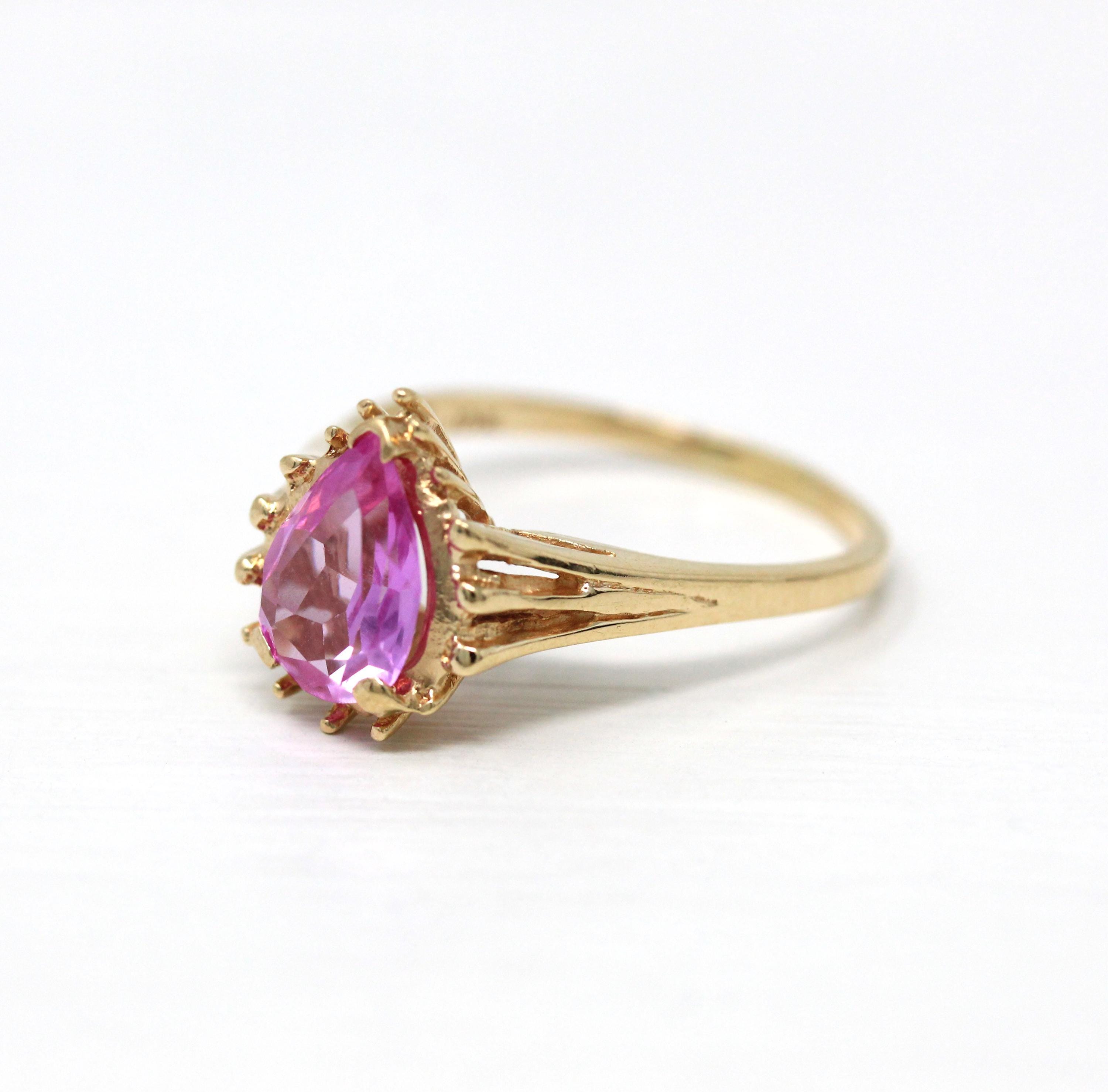 Created Pink Sapphire Ring - Estate 10k Yellow Gold Faceted Pear Cut Statement Style Stone - Modern Circa 2000's Era Size 9 Fine Y2K Jewelry