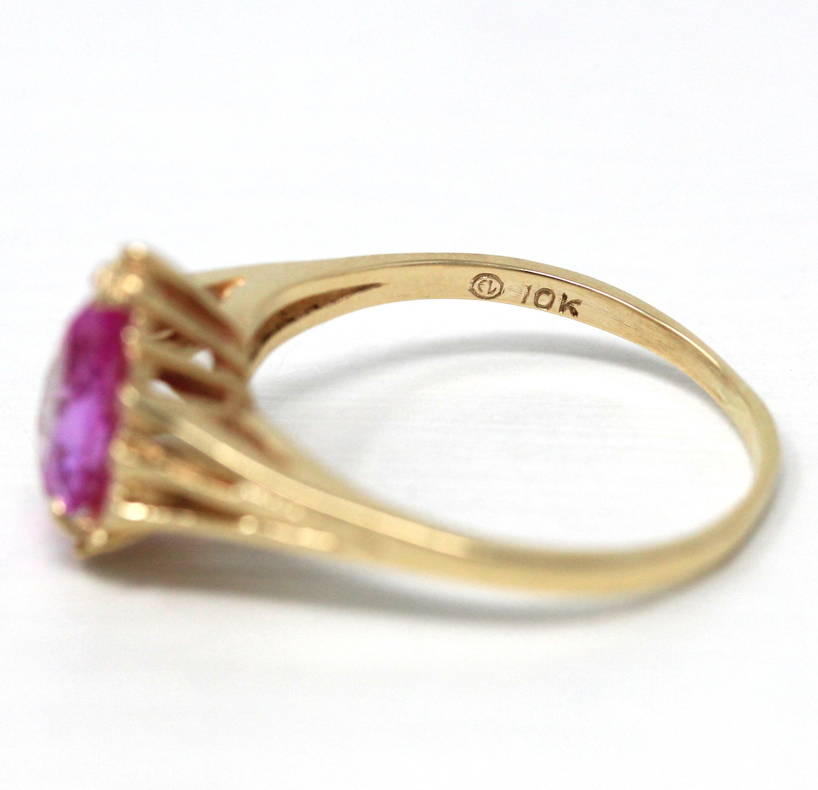 Created Pink Sapphire Ring - Estate 10k Yellow Gold Faceted Pear Cut Statement Style Stone - Modern Circa 2000's Era Size 9 Fine Y2K Jewelry