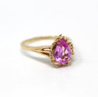 Created Pink Sapphire Ring - Estate 10k Yellow Gold Faceted Pear Cut Statement Style Stone - Modern Circa 2000's Era Size 9 Fine Y2K Jewelry