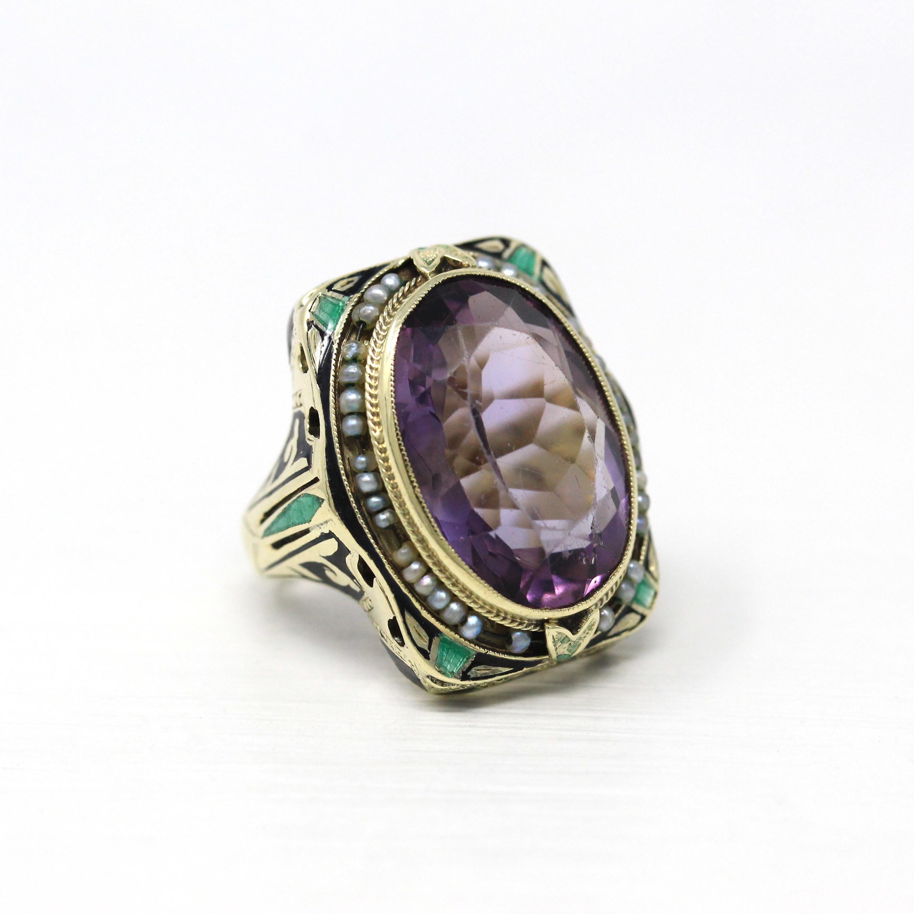 Art Deco Amethyst Ring - Vintage 14k Yellow Gold Genuine Purple Gemstone - Circa 1930s Era Size 5 1/4 Seed Pearl Halo Enamel Fine Jewelry