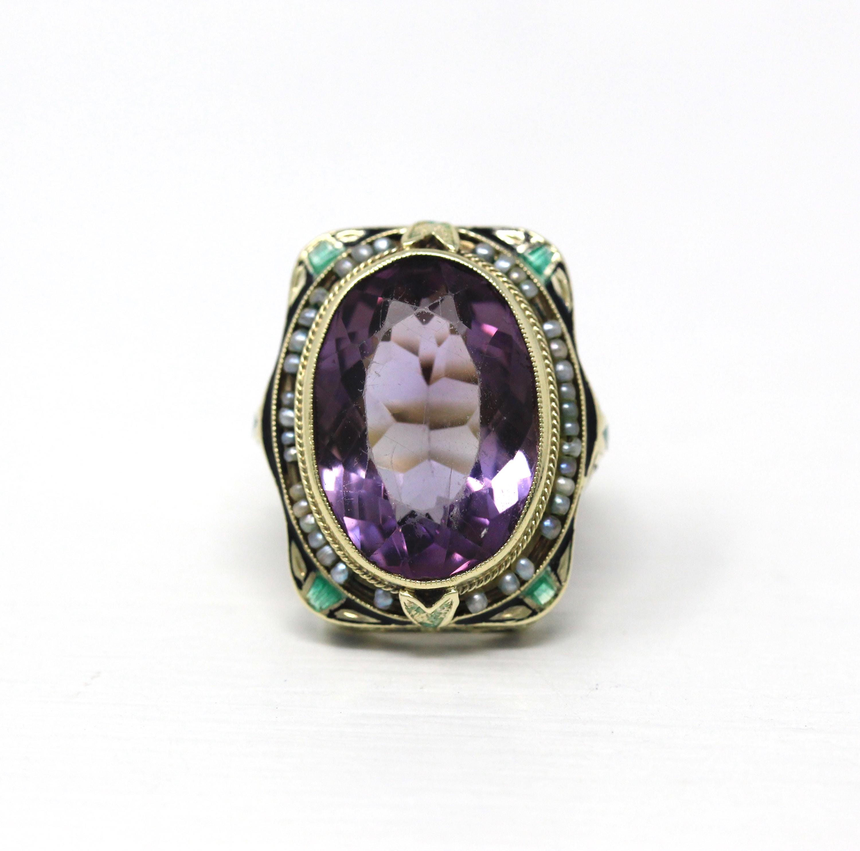 Art Deco Amethyst Ring - Vintage 14k Yellow Gold Genuine Purple Gemstone - Circa 1930s Era Size 5 1/4 Seed Pearl Halo Enamel Fine Jewelry