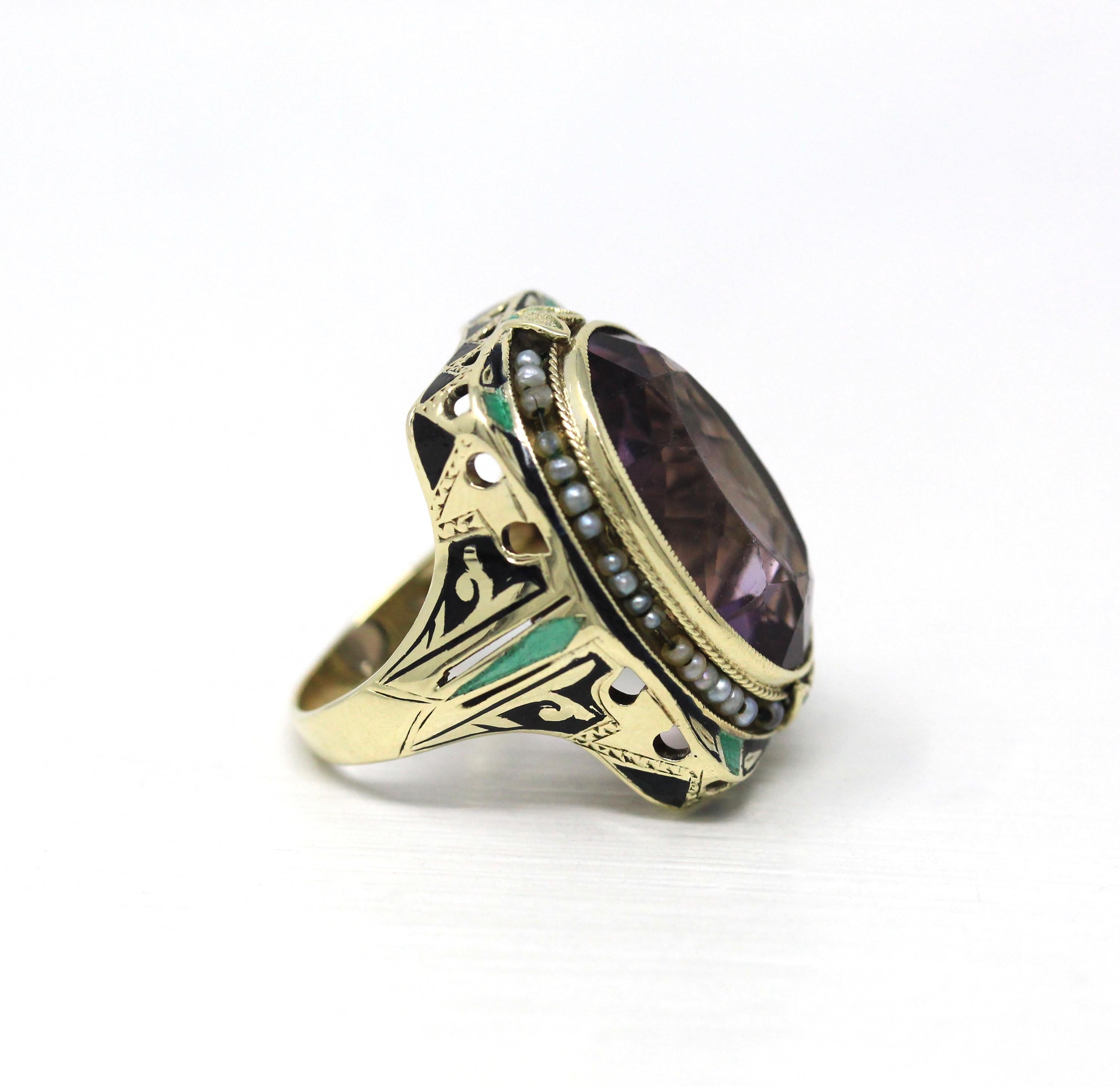 Art Deco Amethyst Ring - Vintage 14k Yellow Gold Genuine Purple Gemstone - Circa 1930s Era Size 5 1/4 Seed Pearl Halo Enamel Fine Jewelry