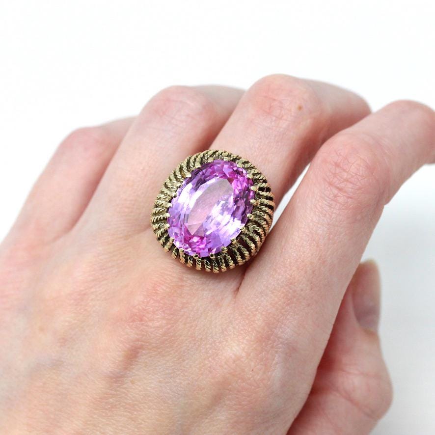 Created Pink Sapphire Ring - Retro 10k Yellow Gold Faceted 15.50 CT Stone - Vintage Circa 1970s Size 7 Woven Cocktail Statement Fine Jewelry