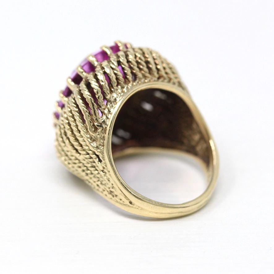 Created Pink Sapphire Ring - Retro 10k Yellow Gold Faceted 15.50 CT Stone - Vintage Circa 1970s Size 7 Woven Cocktail Statement Fine Jewelry