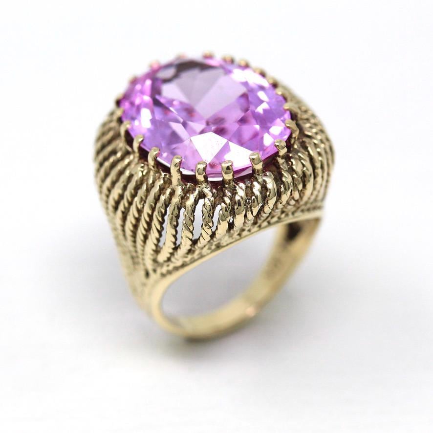 Created Pink Sapphire Ring - Retro 10k Yellow Gold Faceted 15.50 CT Stone - Vintage Circa 1970s Size 7 Woven Cocktail Statement Fine Jewelry