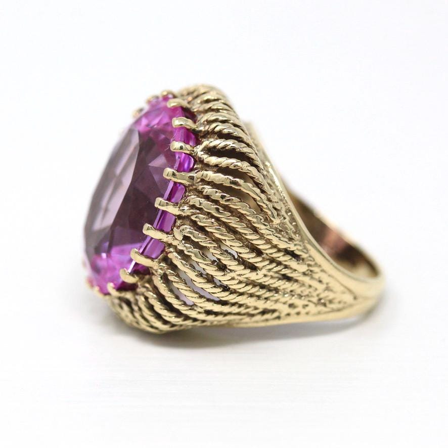 Created Pink Sapphire Ring - Retro 10k Yellow Gold Faceted 15.50 CT Stone - Vintage Circa 1970s Size 7 Woven Cocktail Statement Fine Jewelry