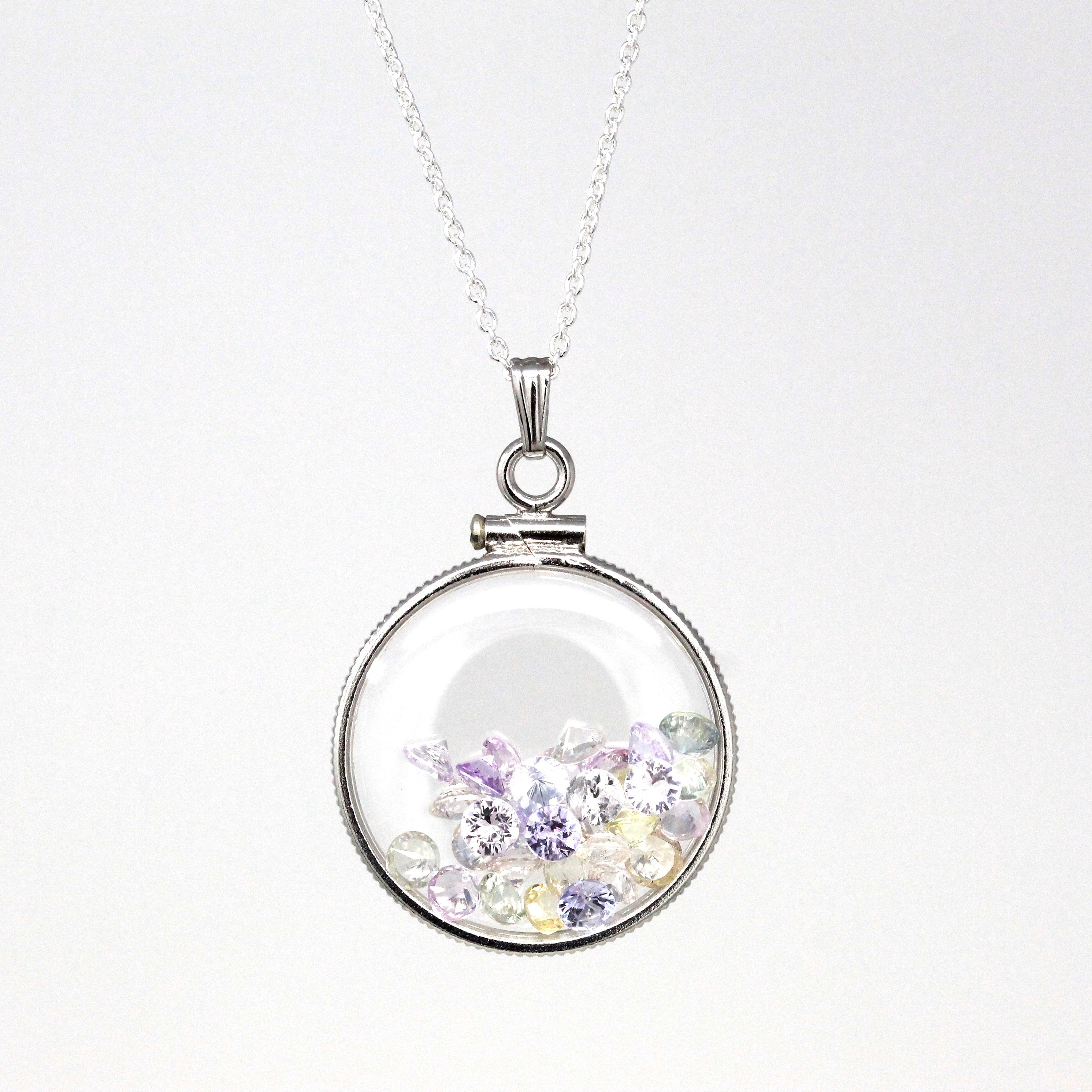 Gemstone Shaker Locket - Handcrafted Sterling Silver Lucite Pendant Necklace Charm - Genuine 4.5 CTW Pastel Round Faceted Sapphires Jewelry