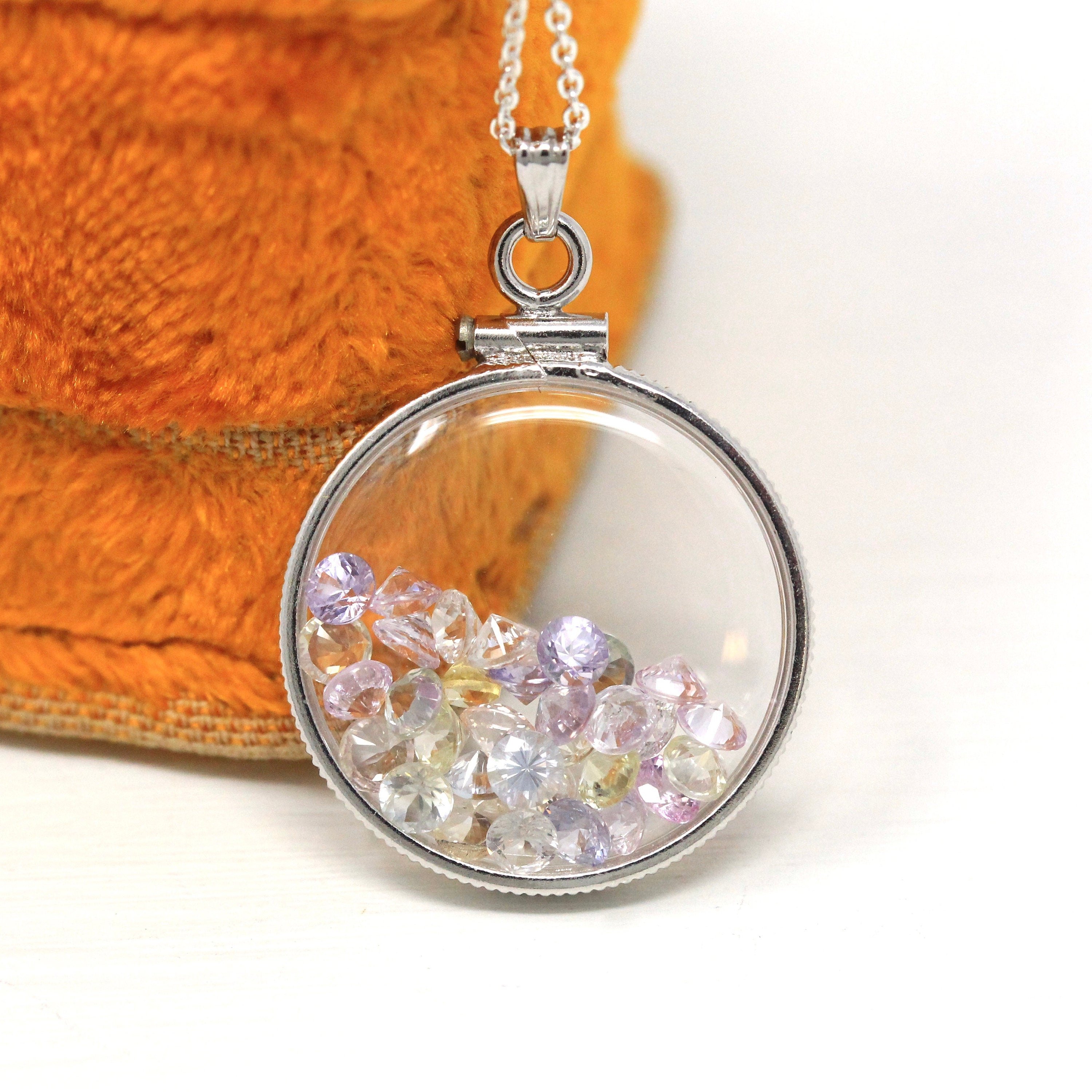 Gemstone Shaker Locket - Handcrafted Sterling Silver Lucite Pendant Necklace Charm - Genuine 4.5 CTW Pastel Round Faceted Sapphires Jewelry