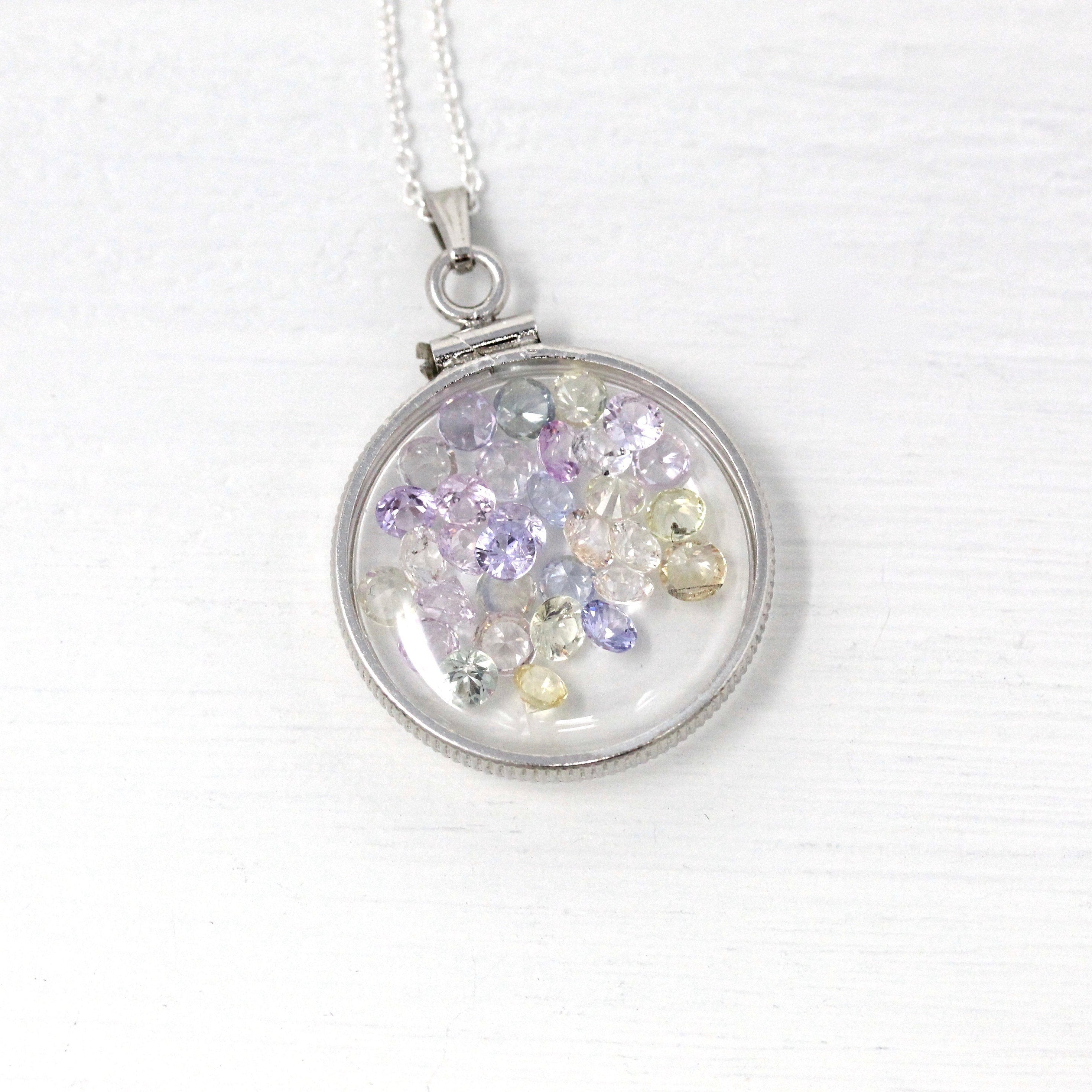 Gemstone Shaker Locket - Handcrafted Sterling Silver Lucite Pendant Necklace Charm - Genuine 4.5 CTW Pastel Round Faceted Sapphires Jewelry