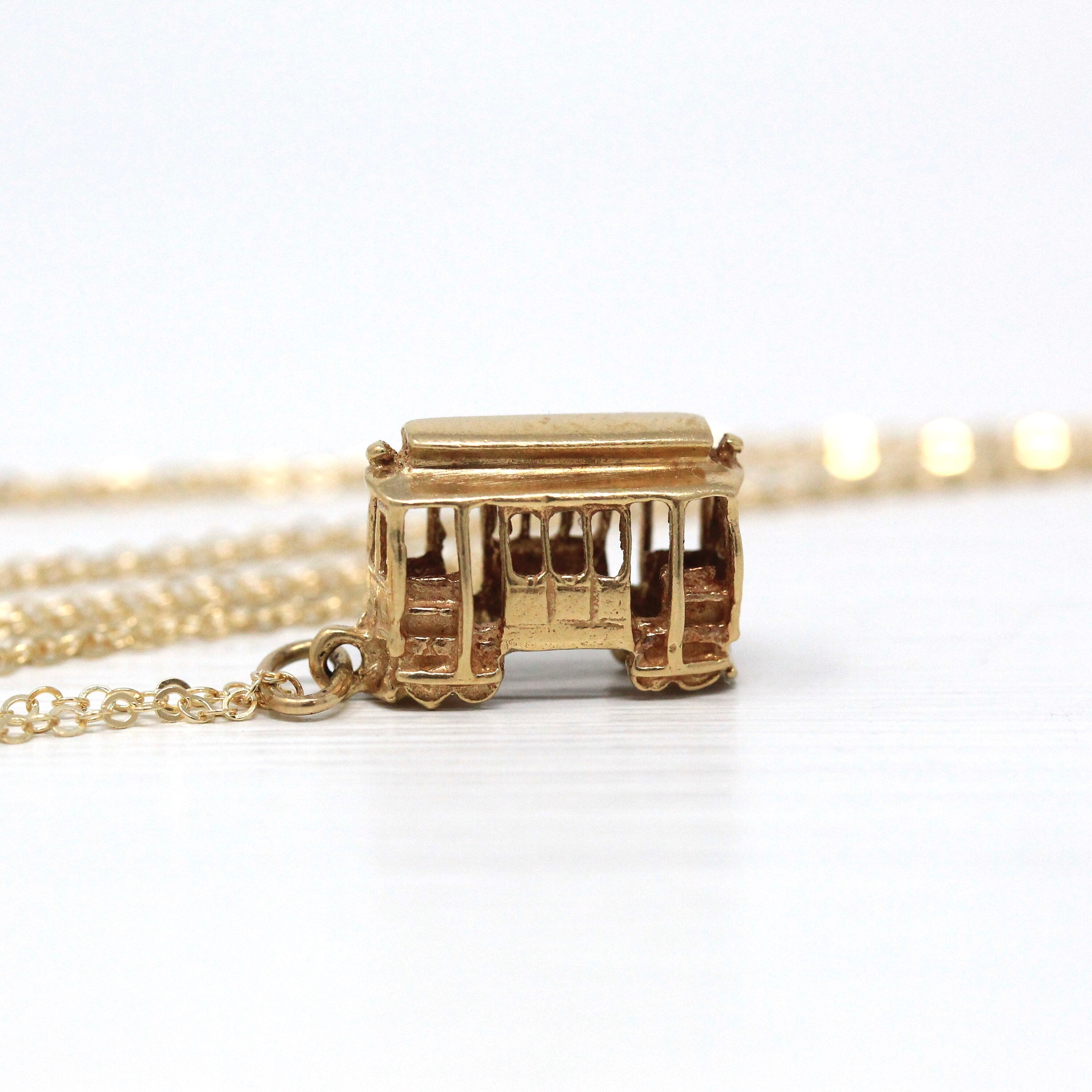 Sale - Modern Trolly Charm - Modern 14k Yellow Gold Figural Necklace - Estate San Francisco Tram Transportation Pendant Charm Fine Jewelry