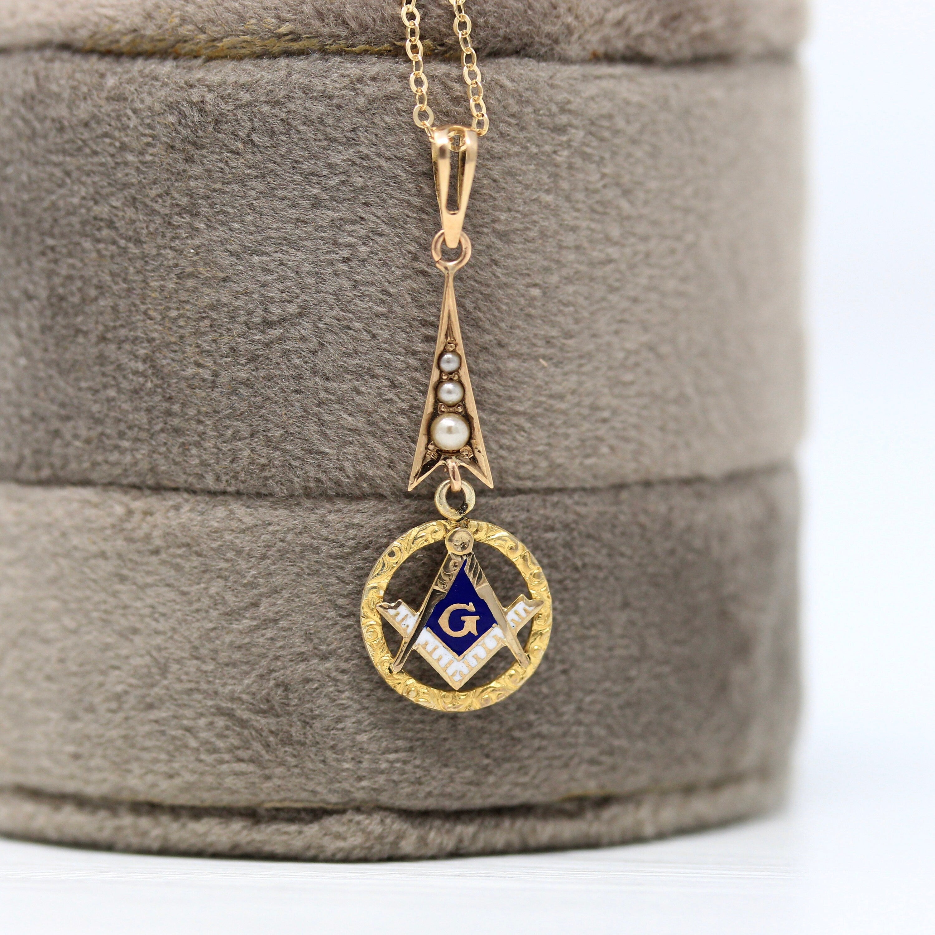 Sale - Antique Freemasonry Lavalier - Edwardian 10k Yellow Gold Seed Pearl Blue White Enamel - Circa 1910s Era Mason Square Compass Jewelry