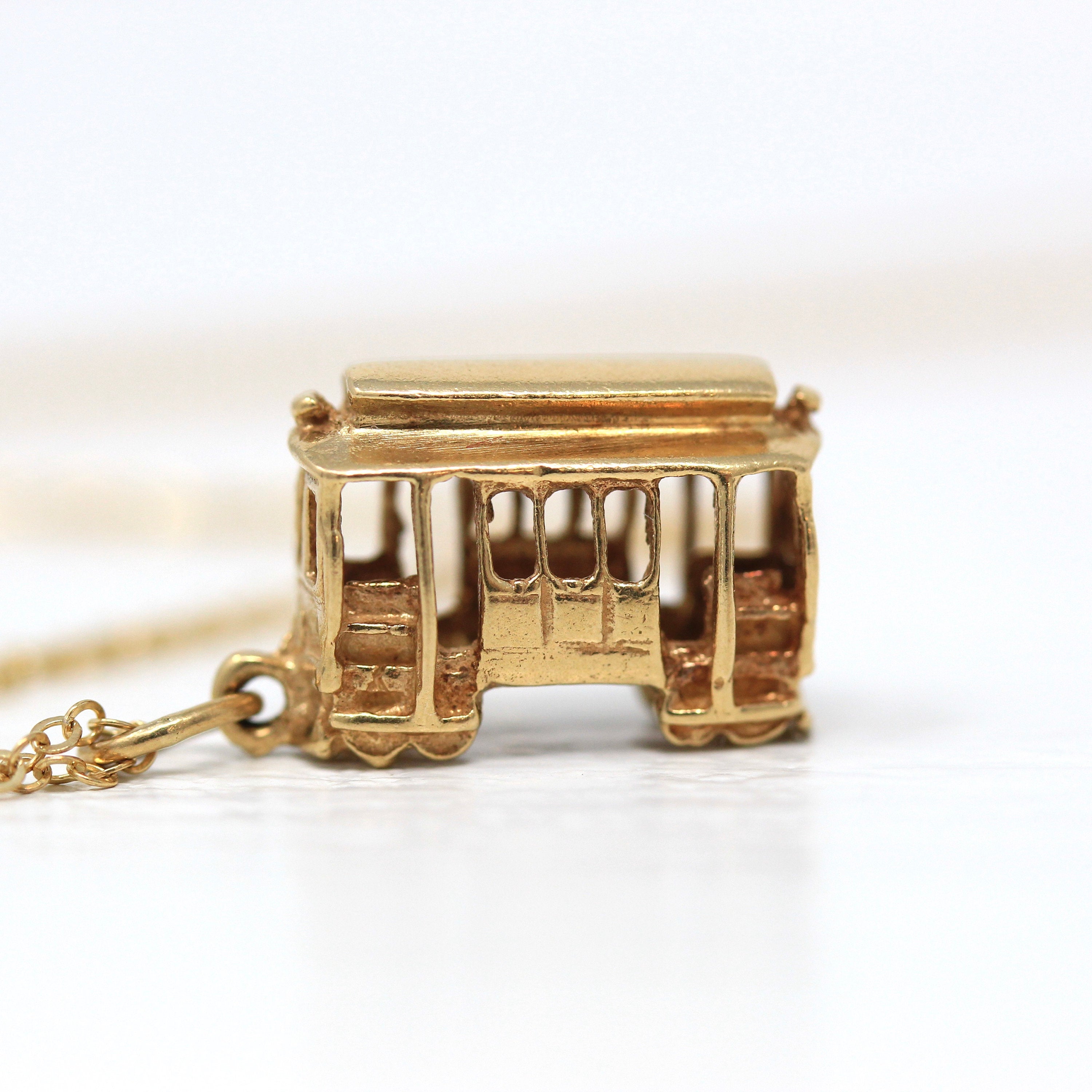 Sale - Modern Trolly Charm - Modern 14k Yellow Gold Figural Necklace - Estate San Francisco Tram Transportation Pendant Charm Fine Jewelry