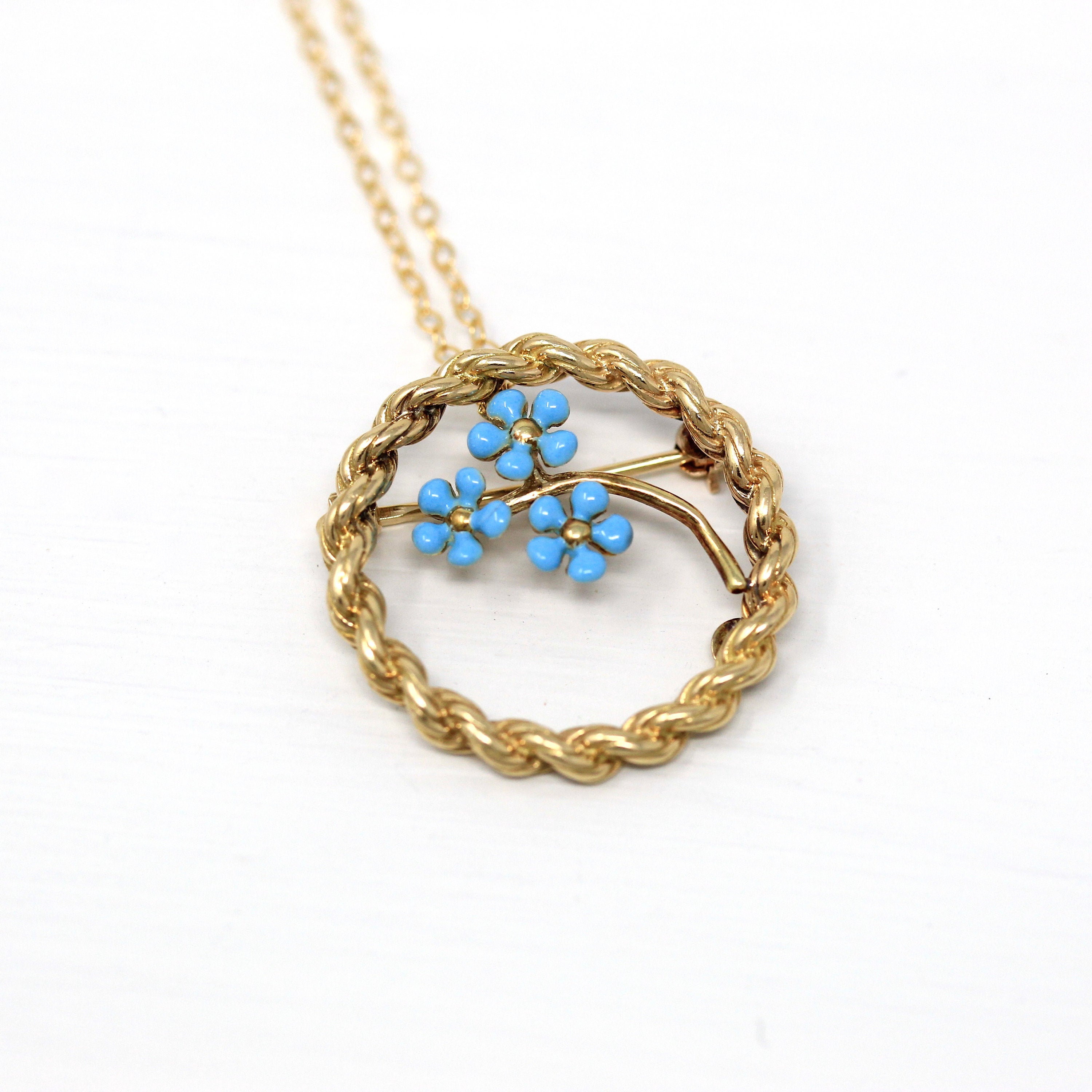 Sale - Retro Floral Pendant - Vintage 14k Yellow Gold Blue Enamel Forget Me Not Flowers - Circa 1970s Era Brooch Rope Necklace Fine Jewelry