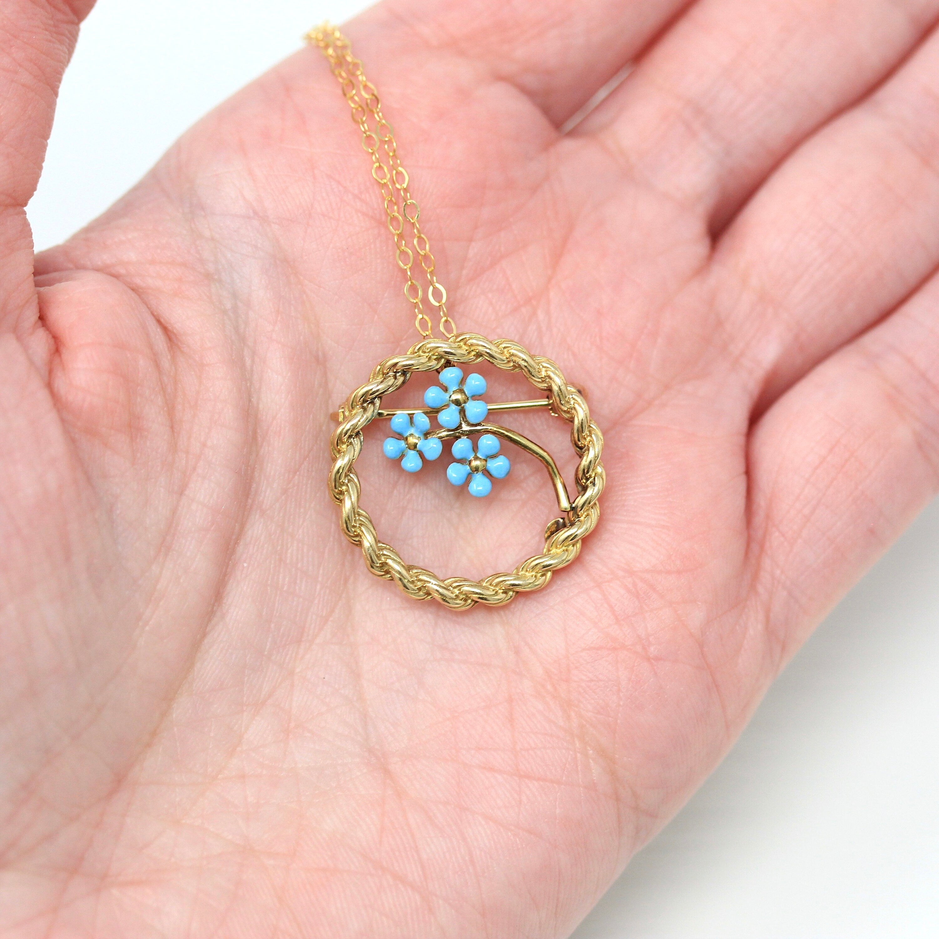 Sale - Retro Floral Pendant - Vintage 14k Yellow Gold Blue Enamel Forget Me Not Flowers - Circa 1970s Era Brooch Rope Necklace Fine Jewelry