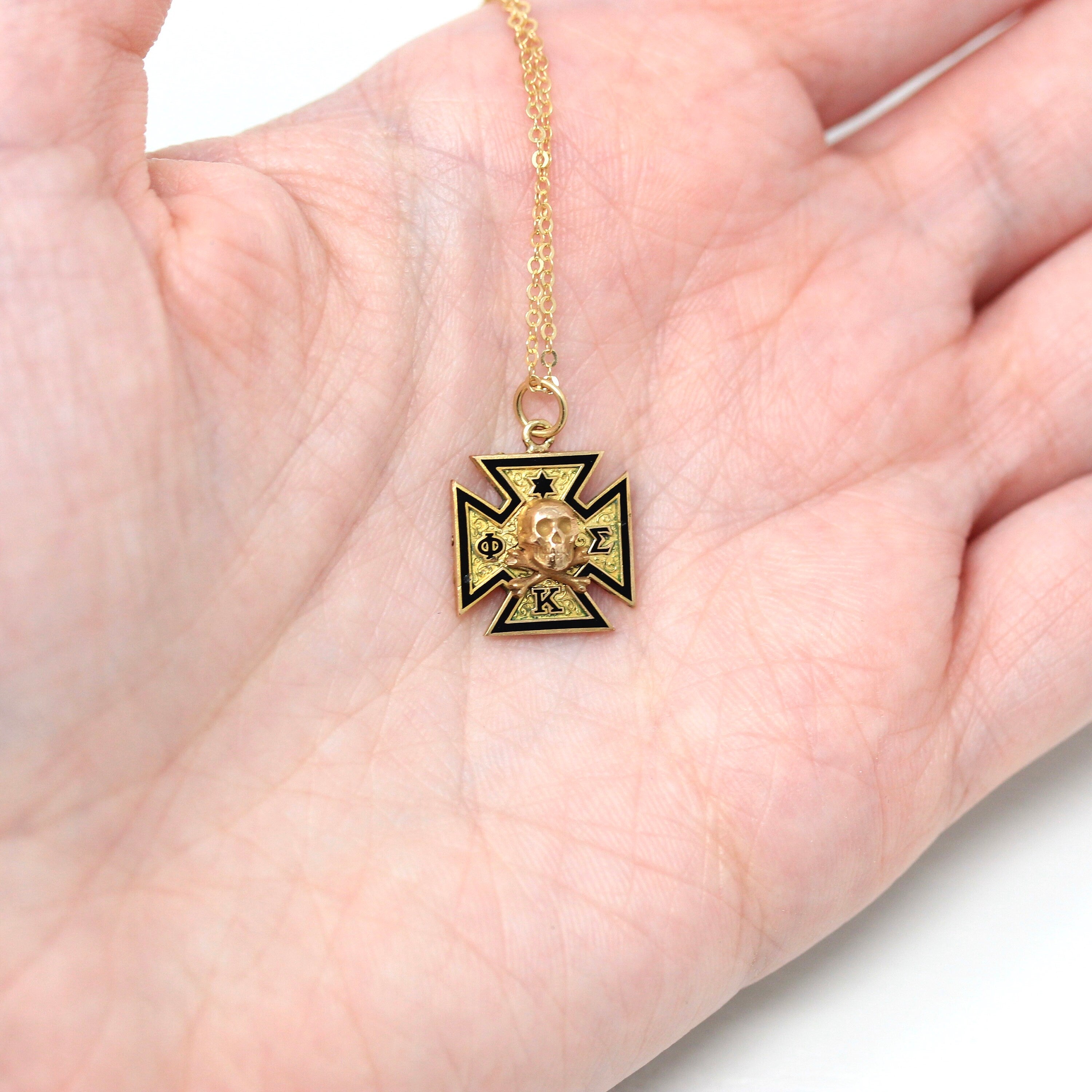 Sale - Phi Kappa Sigma Necklace - Vintage 10k Yellow Gold Fraternity Conversion Pendant - 1930s Enamel Crossbone Skull Memento Mori Jewelry