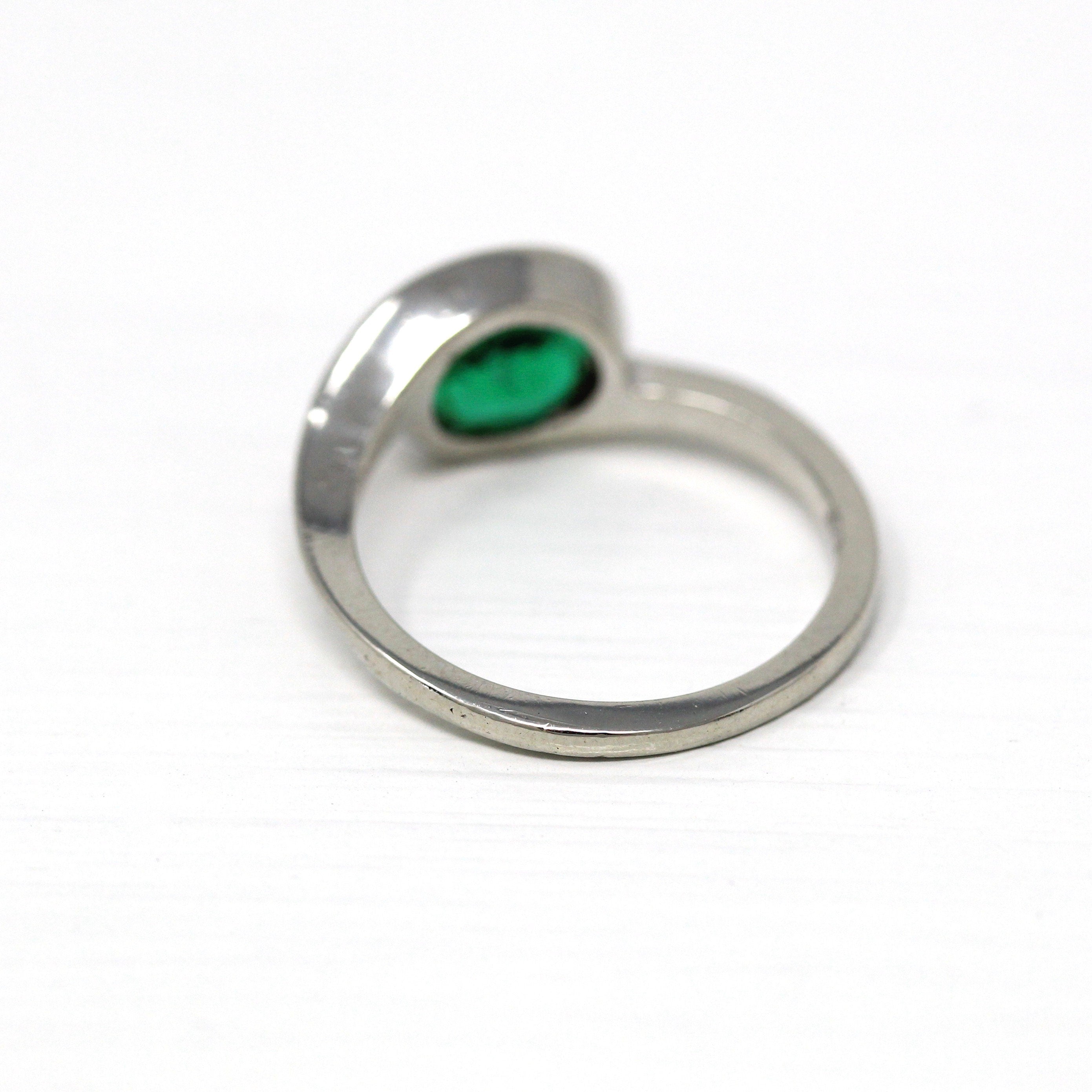 Sale - Simulated Emerald Ring - Vintage 14k White Gold Green Glass 1950s Bypass - Size 6 1/4 Oval Faceted Mid Century May Birthstone Jewelry