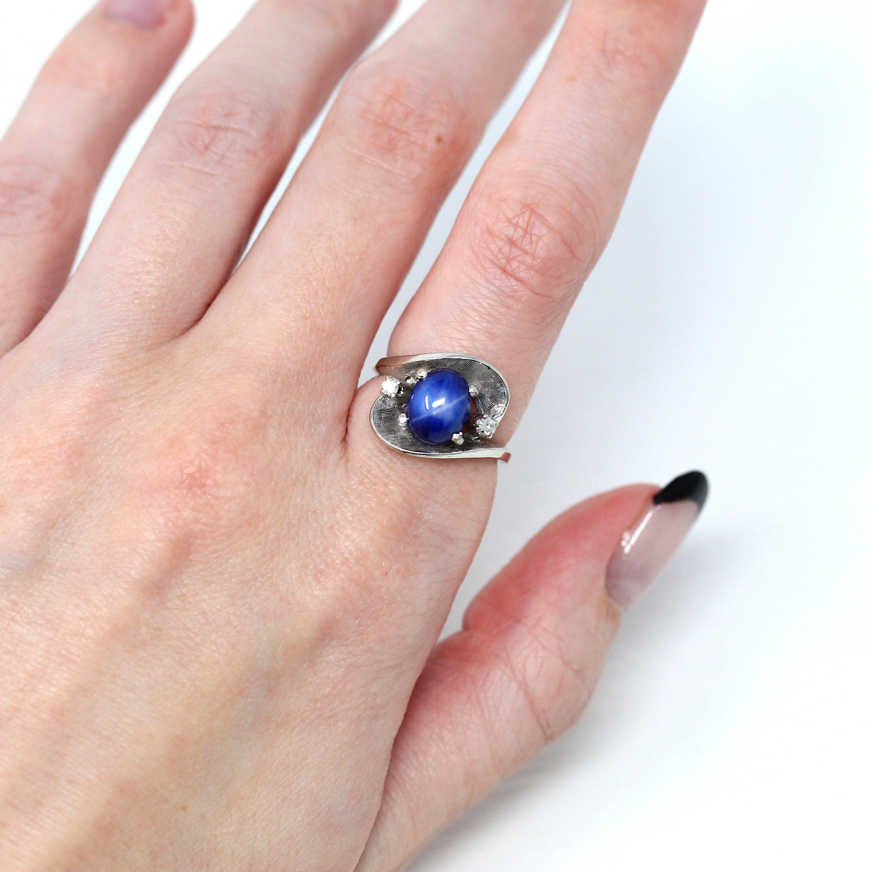 14K Blue & White Sapphire Twist Statement Ring Size 9.25 White Gold - Ruby  Lane