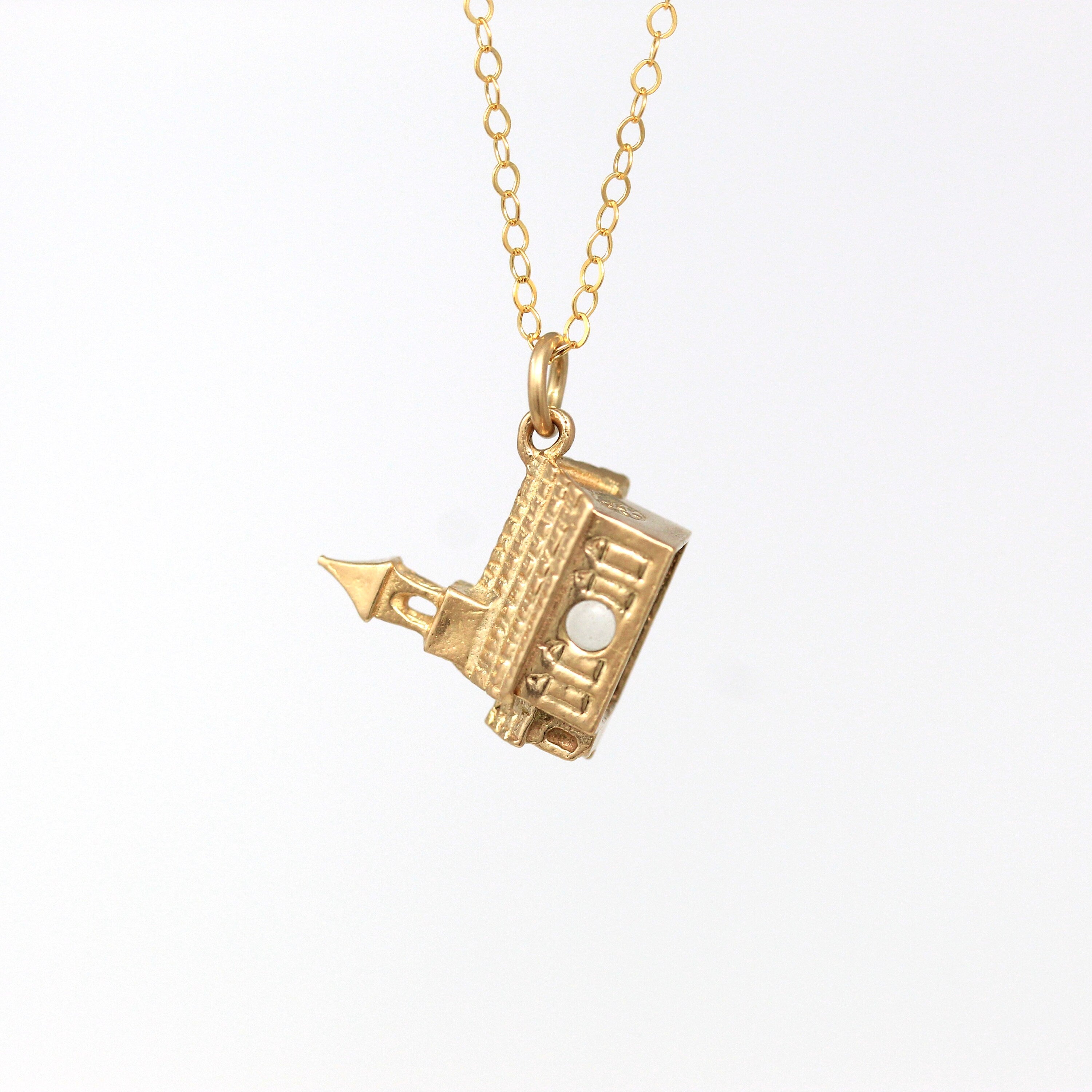 Sale - Stanhope Church Pendant - Retro 14k Yellow Gold Steeple Necklace Charm - Vintage Circa 1960s Era Religious Lord's Prayer Fine Jewelry