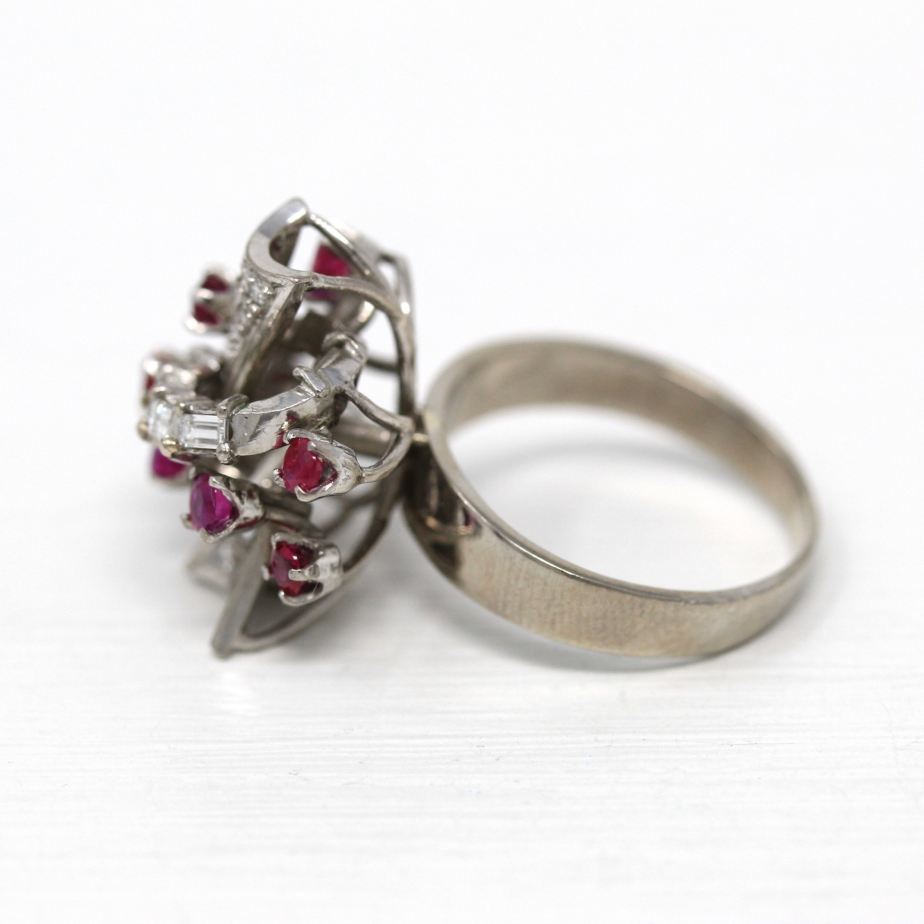 Sale - Mid Century Ring - Vintage 18k White Gold Genuine .96 CTW Rubies - Circa 1950s Size 7 Genuine .61 CTW Diamonds Bow Cocktail Jewelry