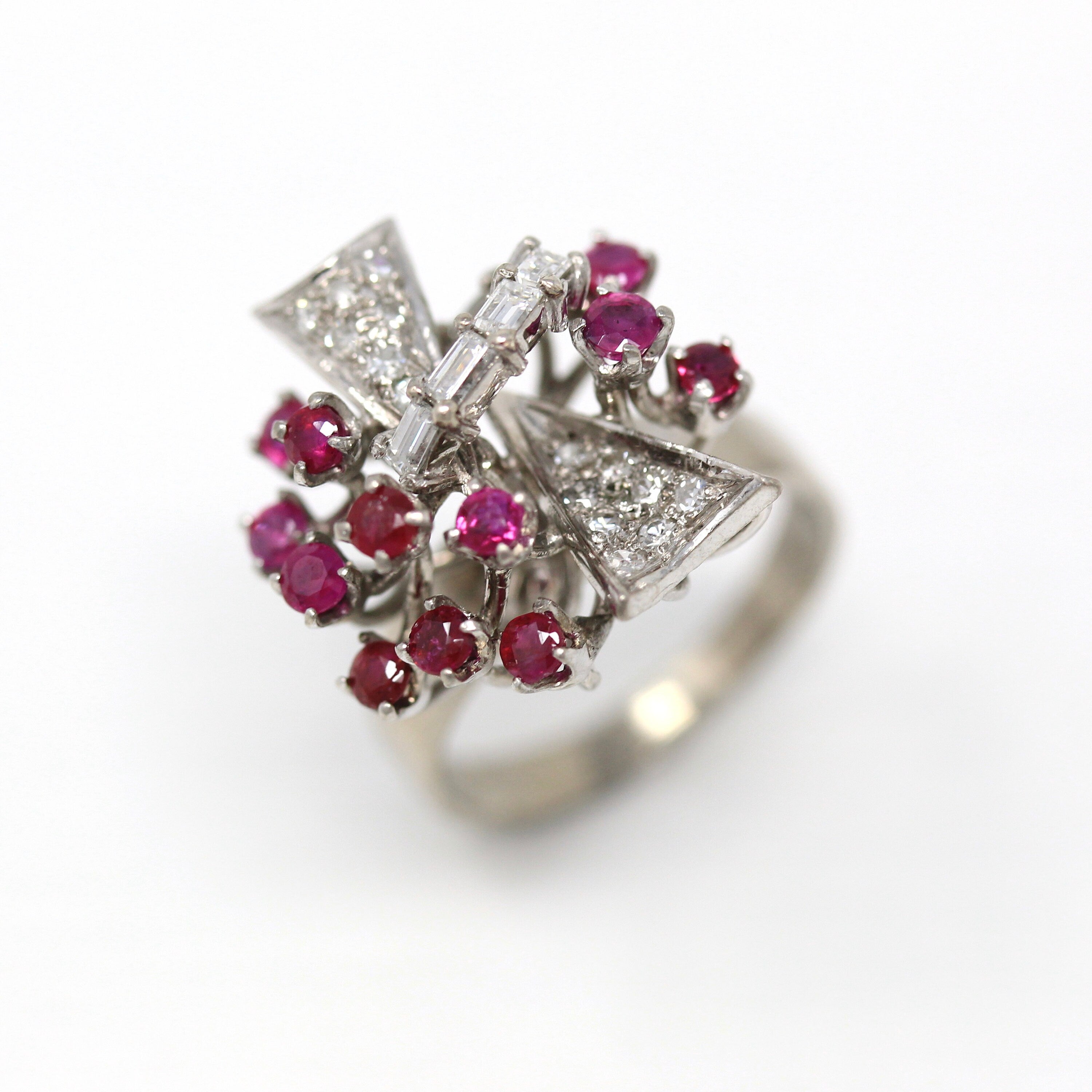 Sale - Mid Century Ring - Vintage 18k White Gold Genuine .96 CTW Rubies - Circa 1950s Size 7 Genuine .61 CTW Diamonds Bow Cocktail Jewelry