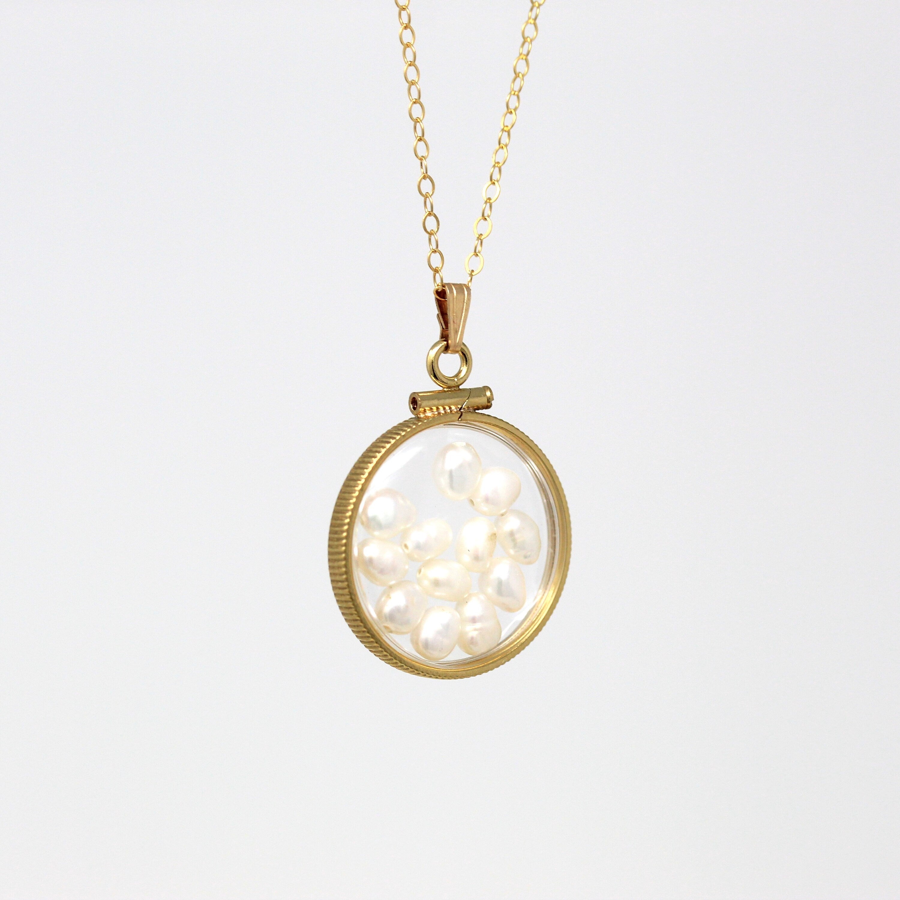 Baroque Pearl Shaker Locket - Handcrafted 14k Gold Filled Lucite Pendant Necklace Charm - June Birthstone Coin Bezel Nickel Sized Jewelry