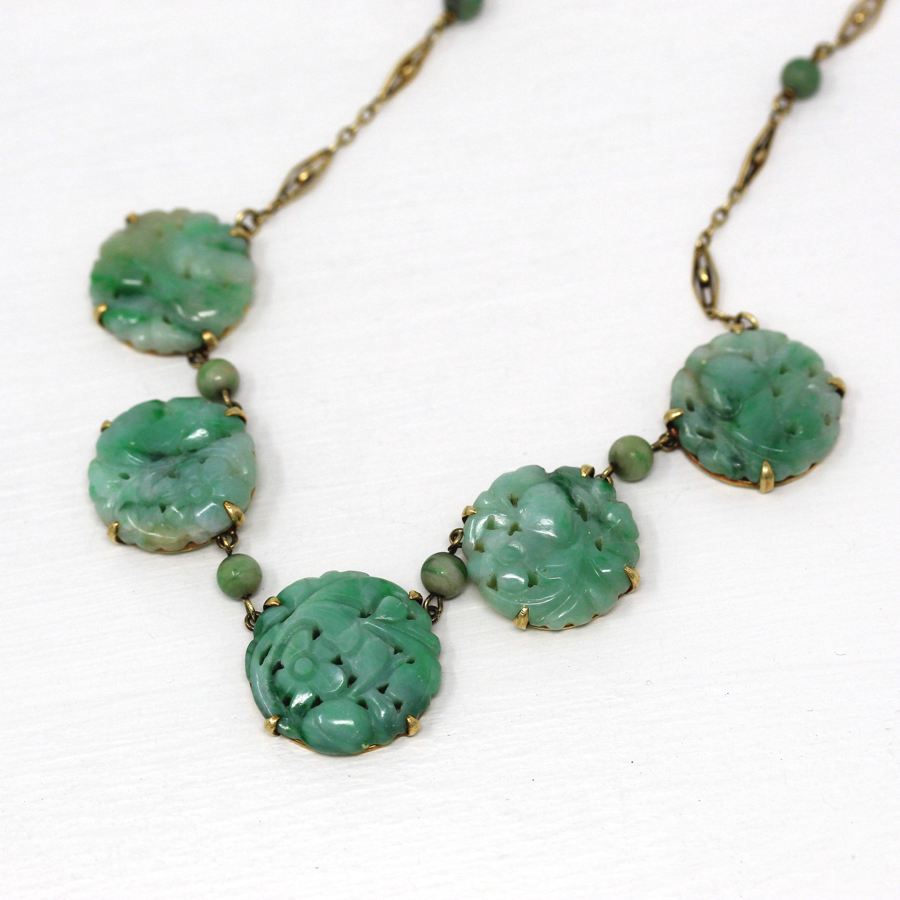 Sale - Vintage Jade Necklace - Art Deco 14k & 18k Yellow Gold Genuine Carved Jadeite Jade - 1920s Green Gemstone Filigree Jewelry w/ Report