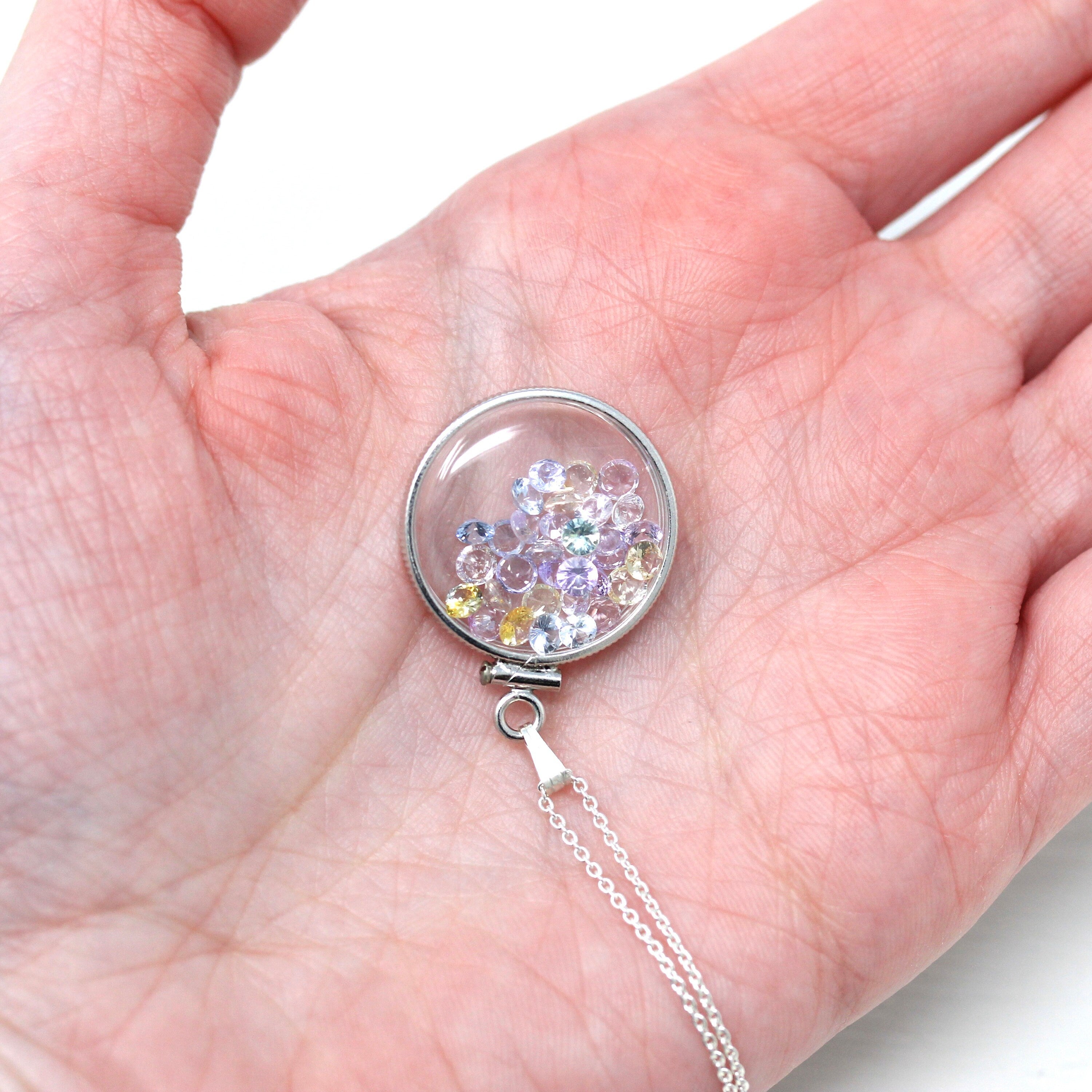 Gemstone Shaker Locket - Handcrafted Sterling Silver Lucite Pendant Necklace Charm - Genuine 4.5 CTW Pastel Round Faceted Sapphires Jewelry