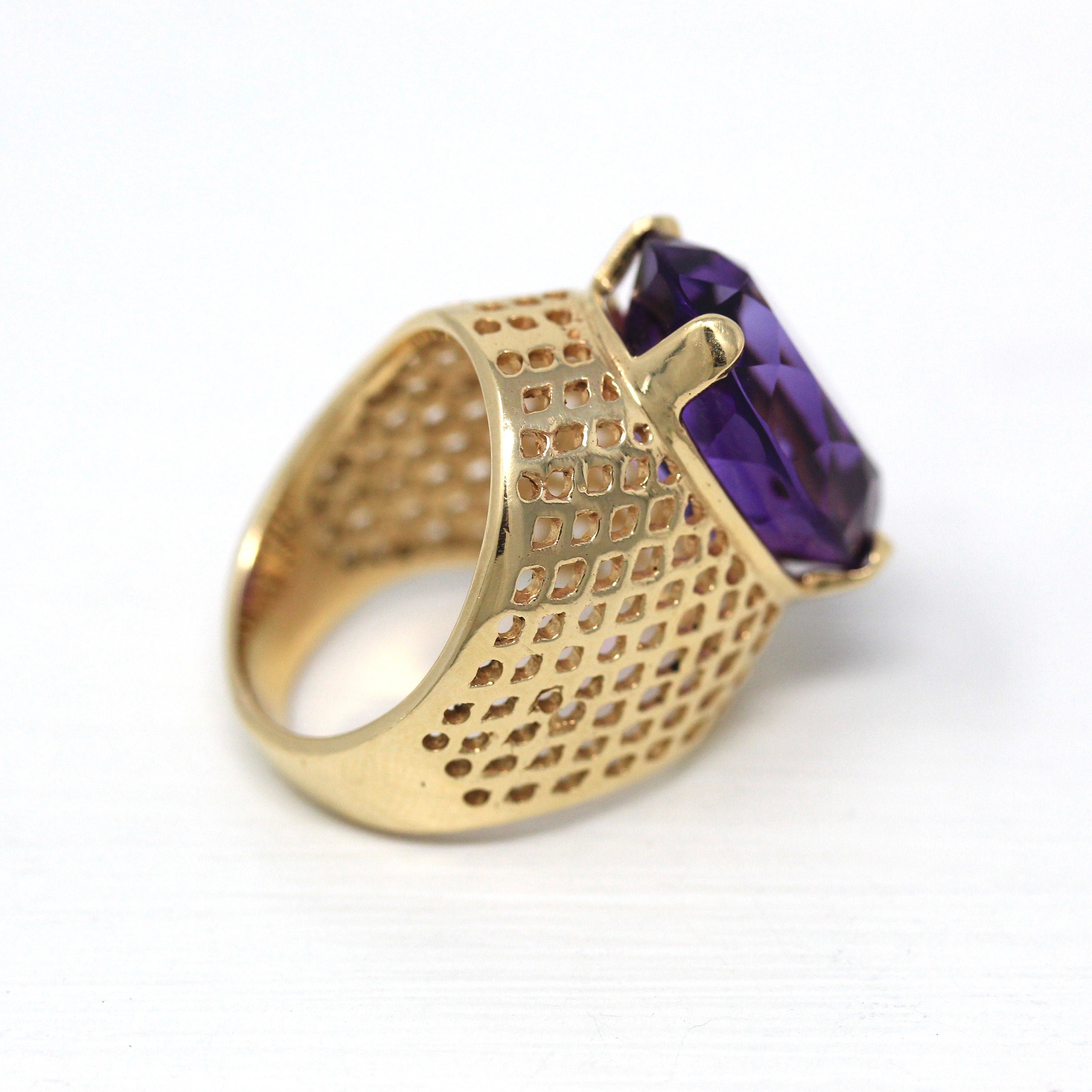 Sale - Amethyst Cocktail Ring - Retro 14k Yellow Gold Oval Cut 9.56 CT Purple Gem - Vintage Circa 1970s Era Size 4.5 Statement Fine Jewelry