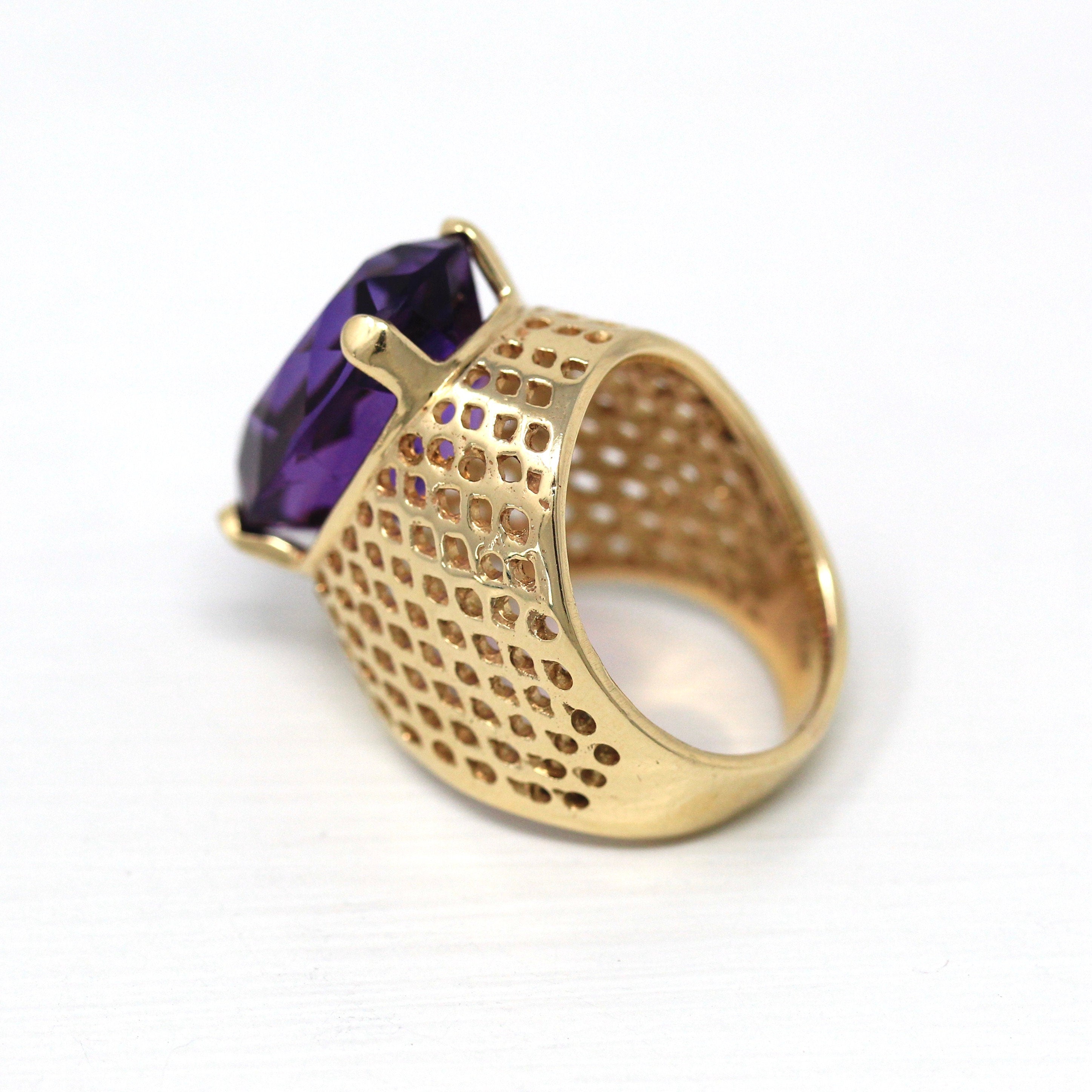 Sale - Amethyst Cocktail Ring - Retro 14k Yellow Gold Oval Cut 9.56 CT Purple Gem - Vintage Circa 1970s Era Size 4.5 Statement Fine Jewelry